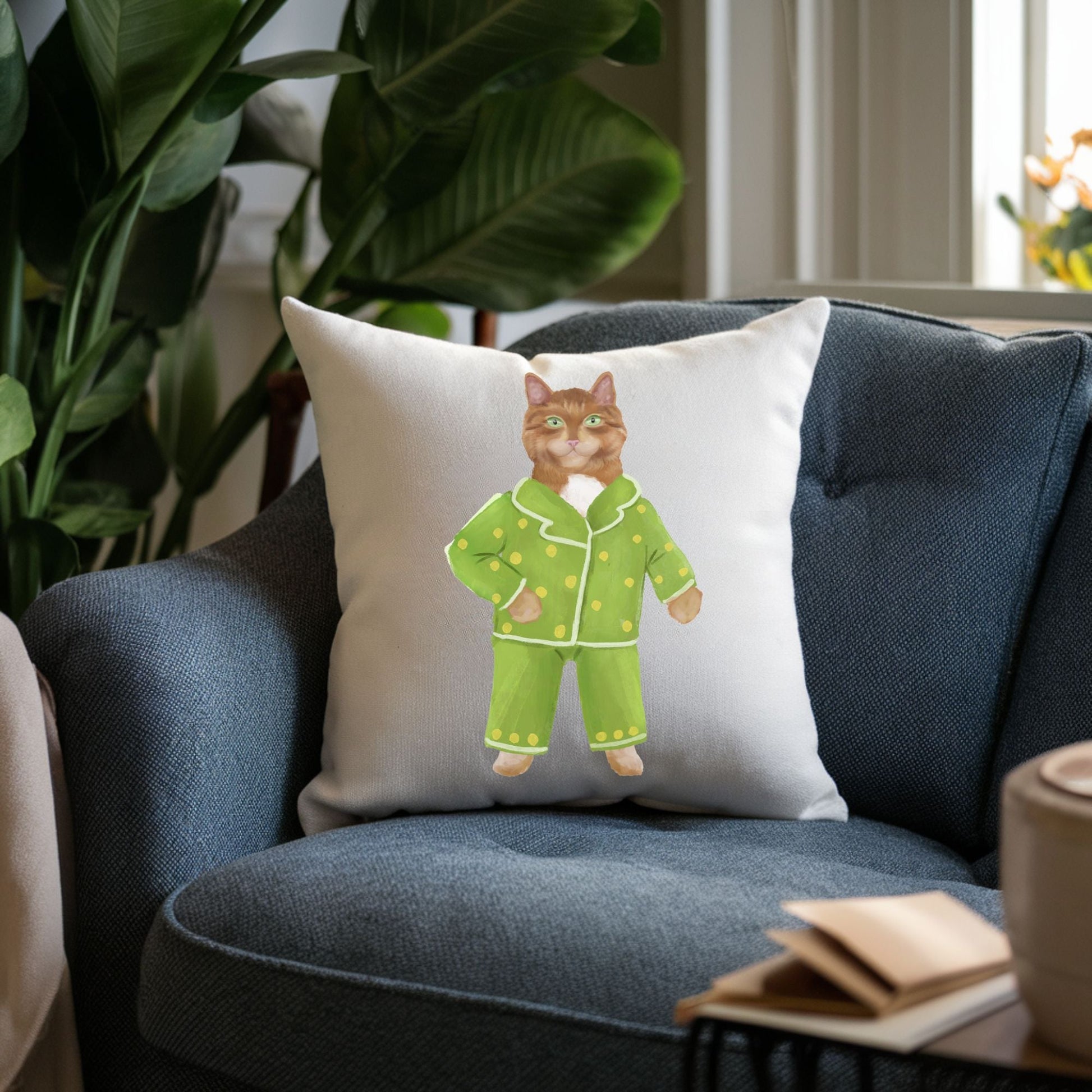 Orange Cat with Green Pajamas Pillow - MerikaArt