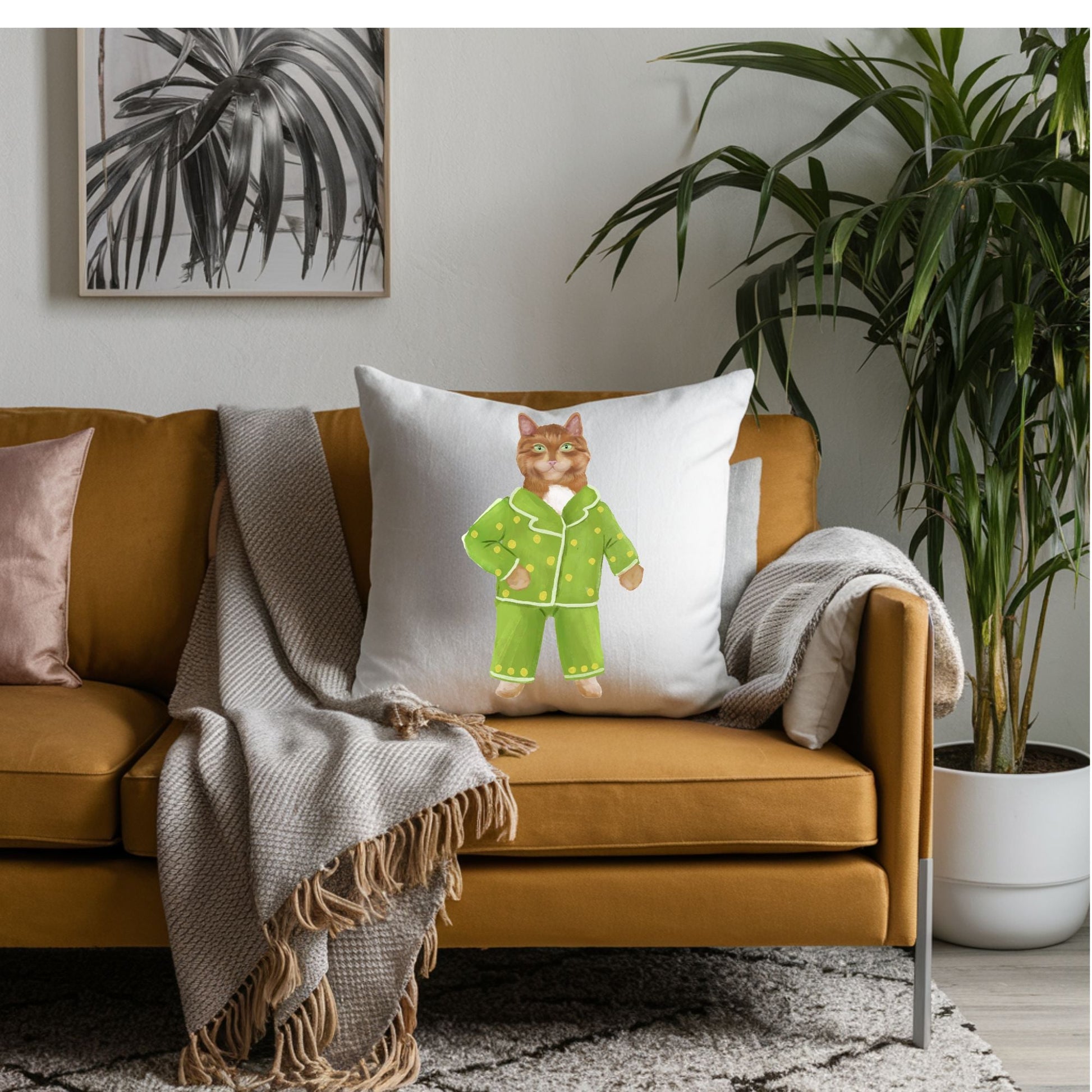 Orange Cat with Green Pajamas Pillow - MerikaArt