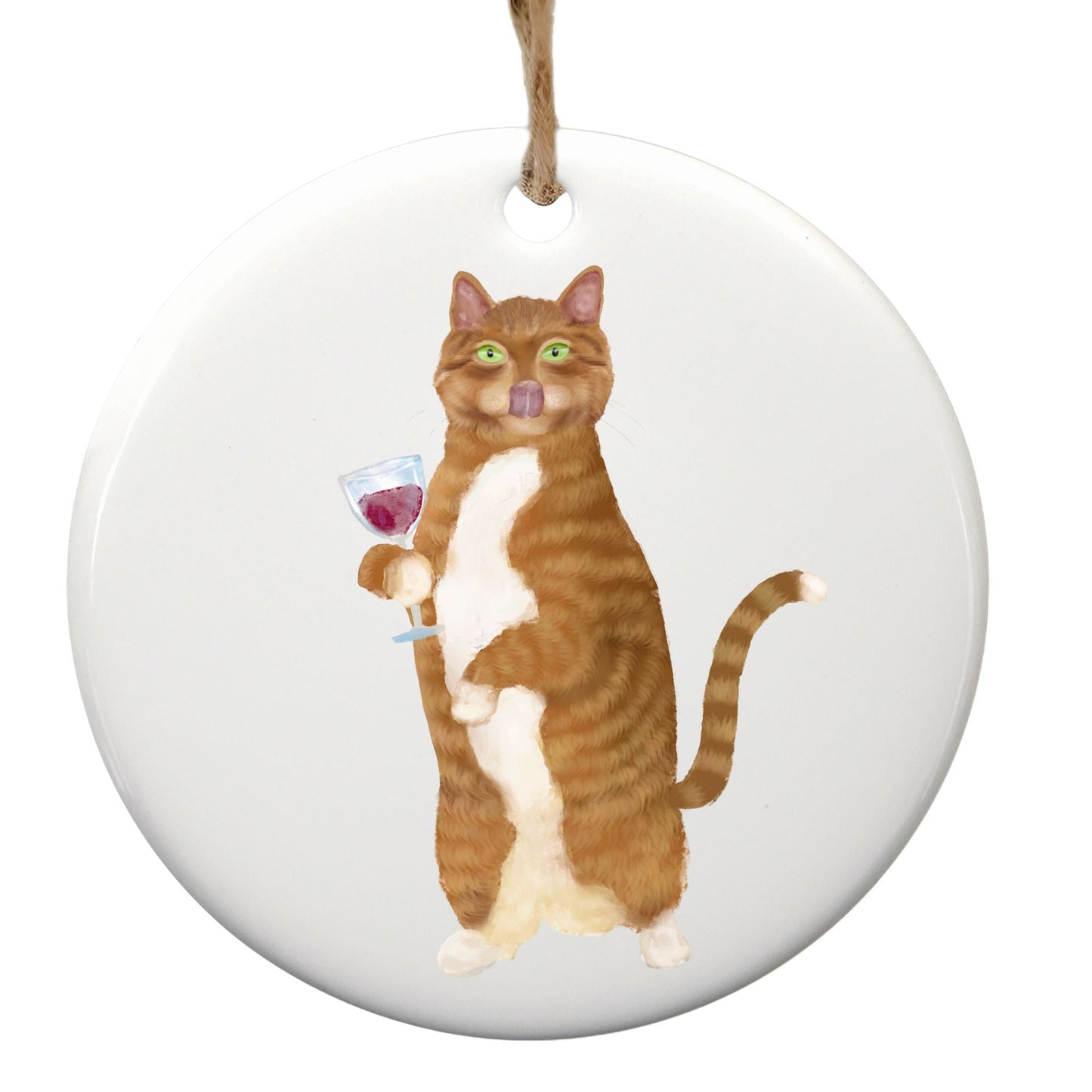 Orange Cat With Wine Ceramic Ornament - MerikaArt