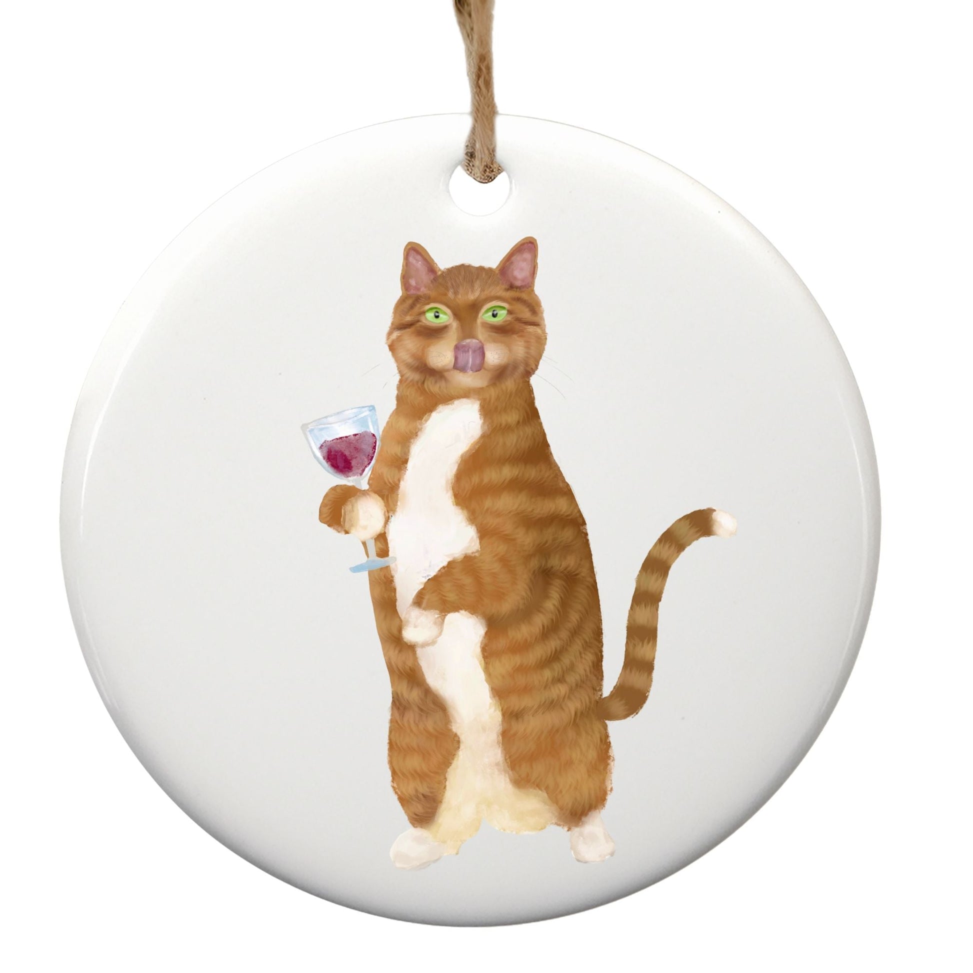 Orange Cat With Wine Ceramic Ornament - MerikaArt