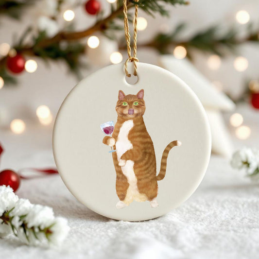 Orange Cat With Wine Ceramic Ornament - MerikaArt