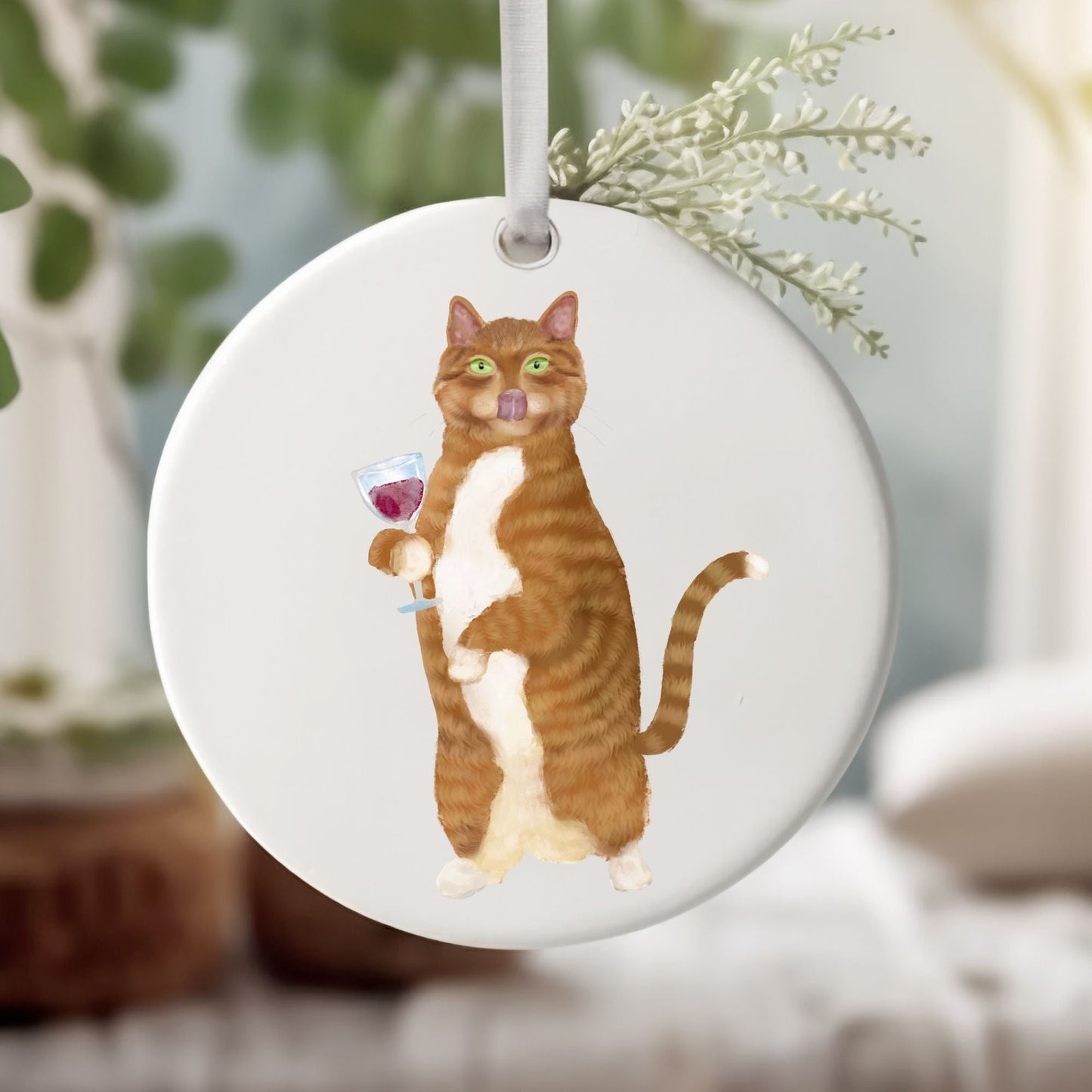 Orange Cat With Wine Ceramic Ornament - MerikaArt