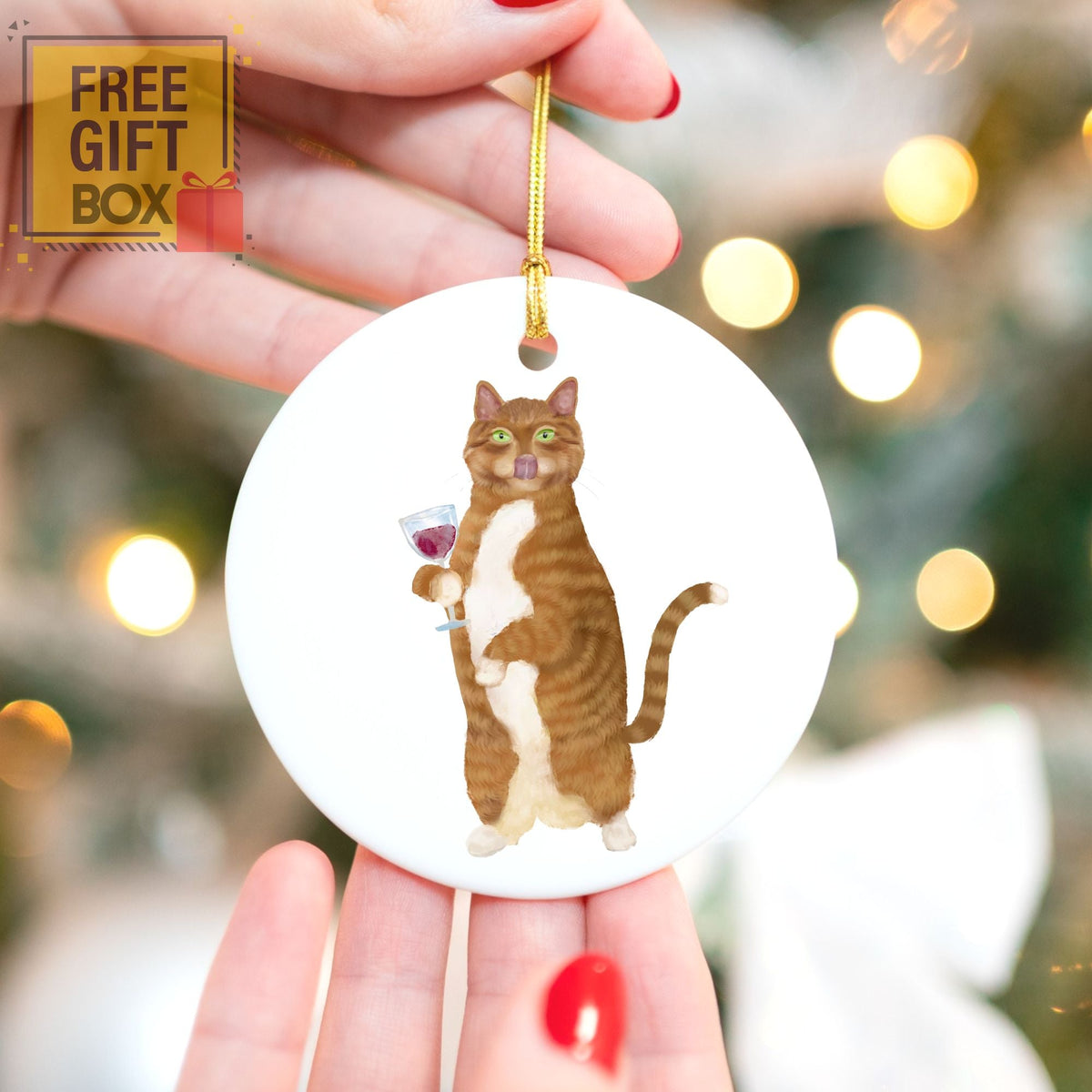 Orange Cat With Wine Ceramic Ornament - MerikaArt