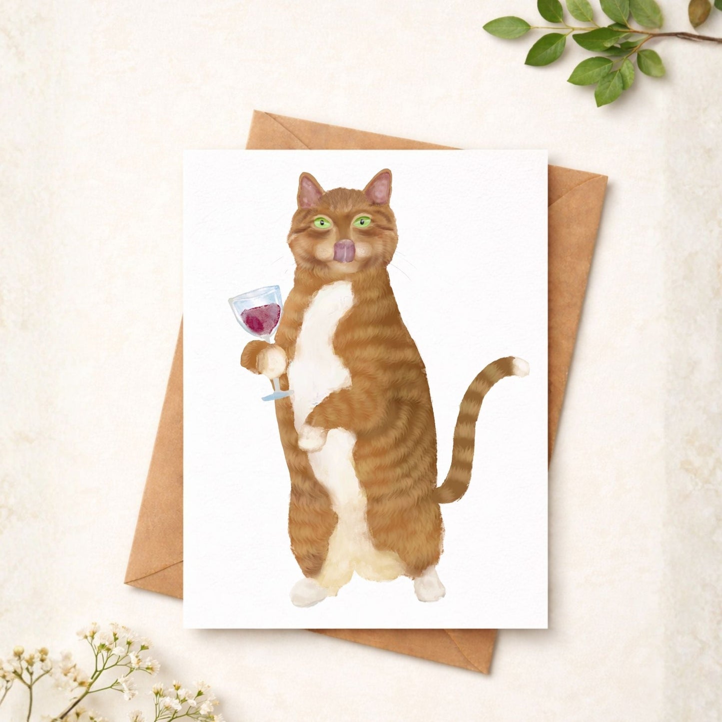 Orange Cat With Wine Postcard - MerikaArt