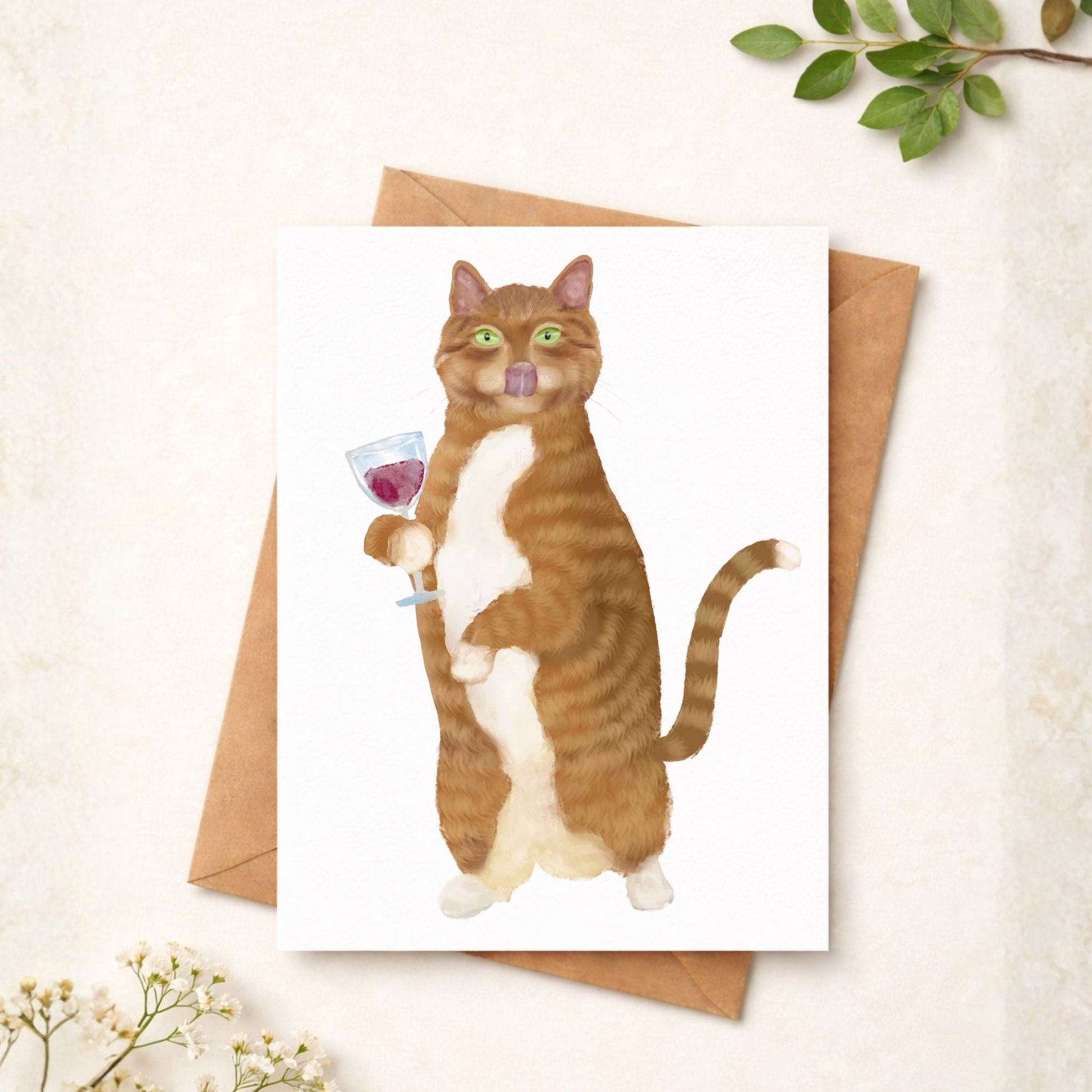 Orange Cat With Wine Postcard - MerikaArt