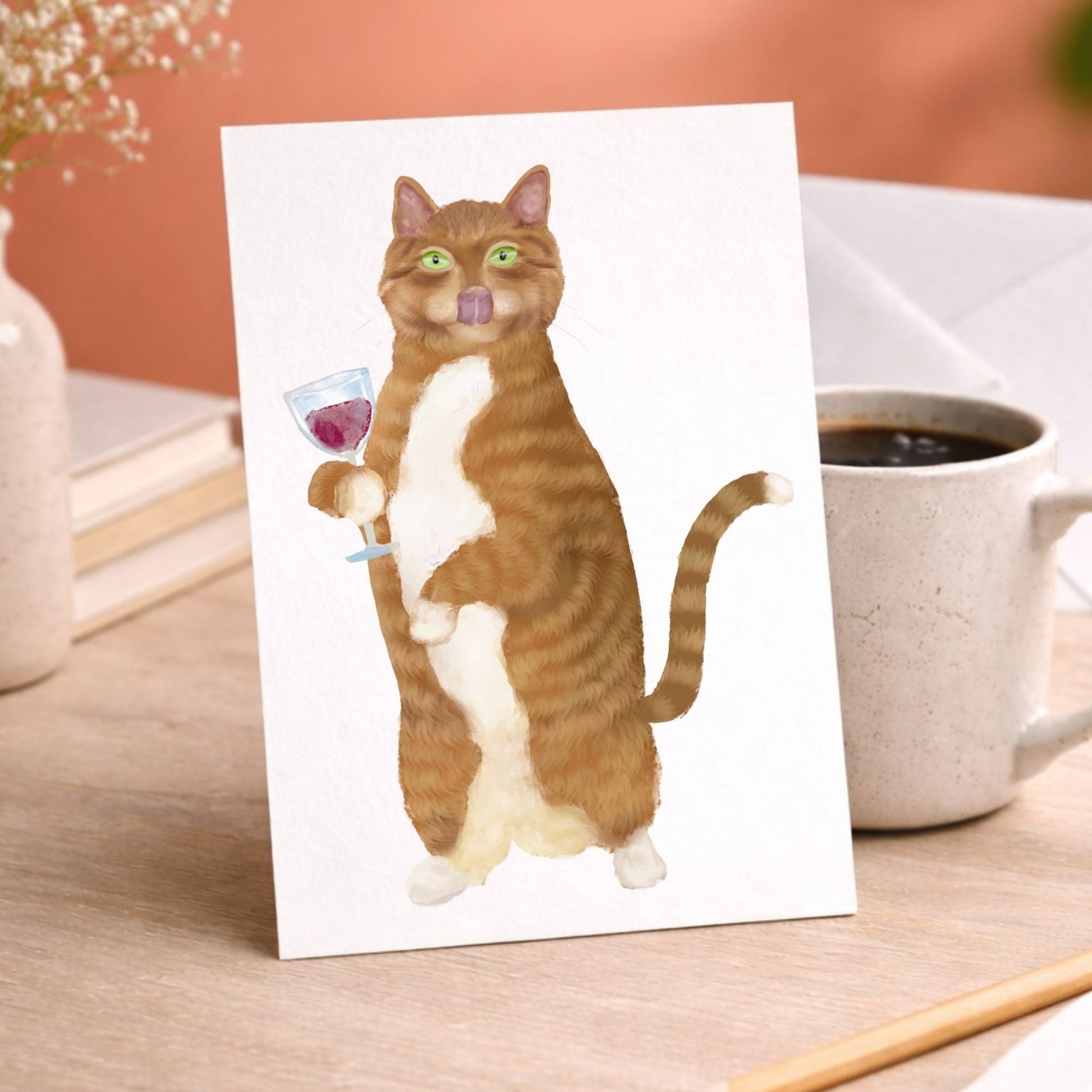 Orange Cat With Wine Postcard - MerikaArt