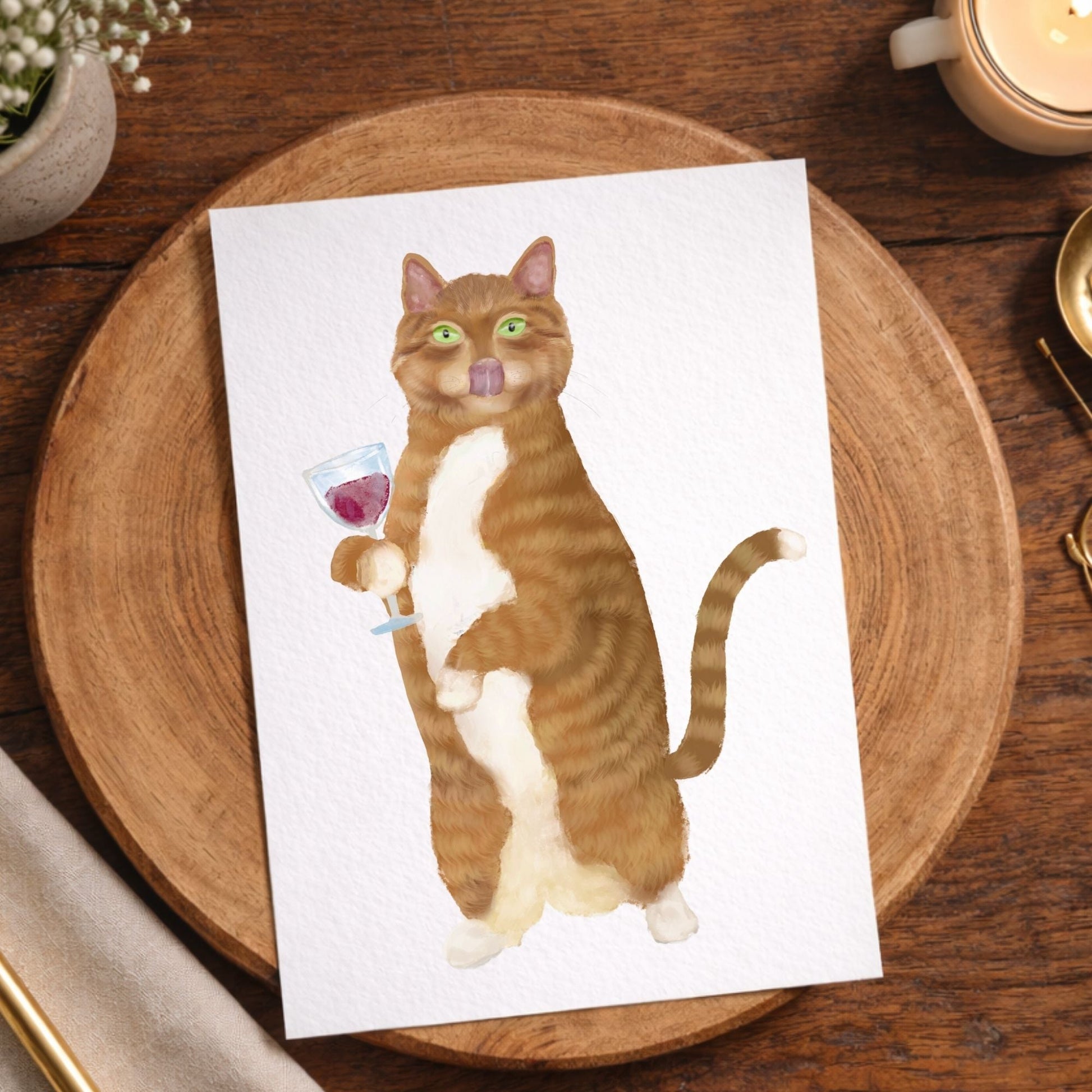 Orange Cat With Wine Postcard - MerikaArt