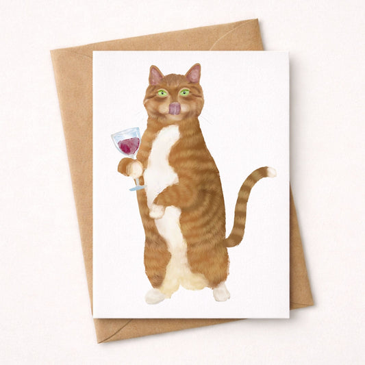 Orange Cat With Wine Postcard - MerikaArt