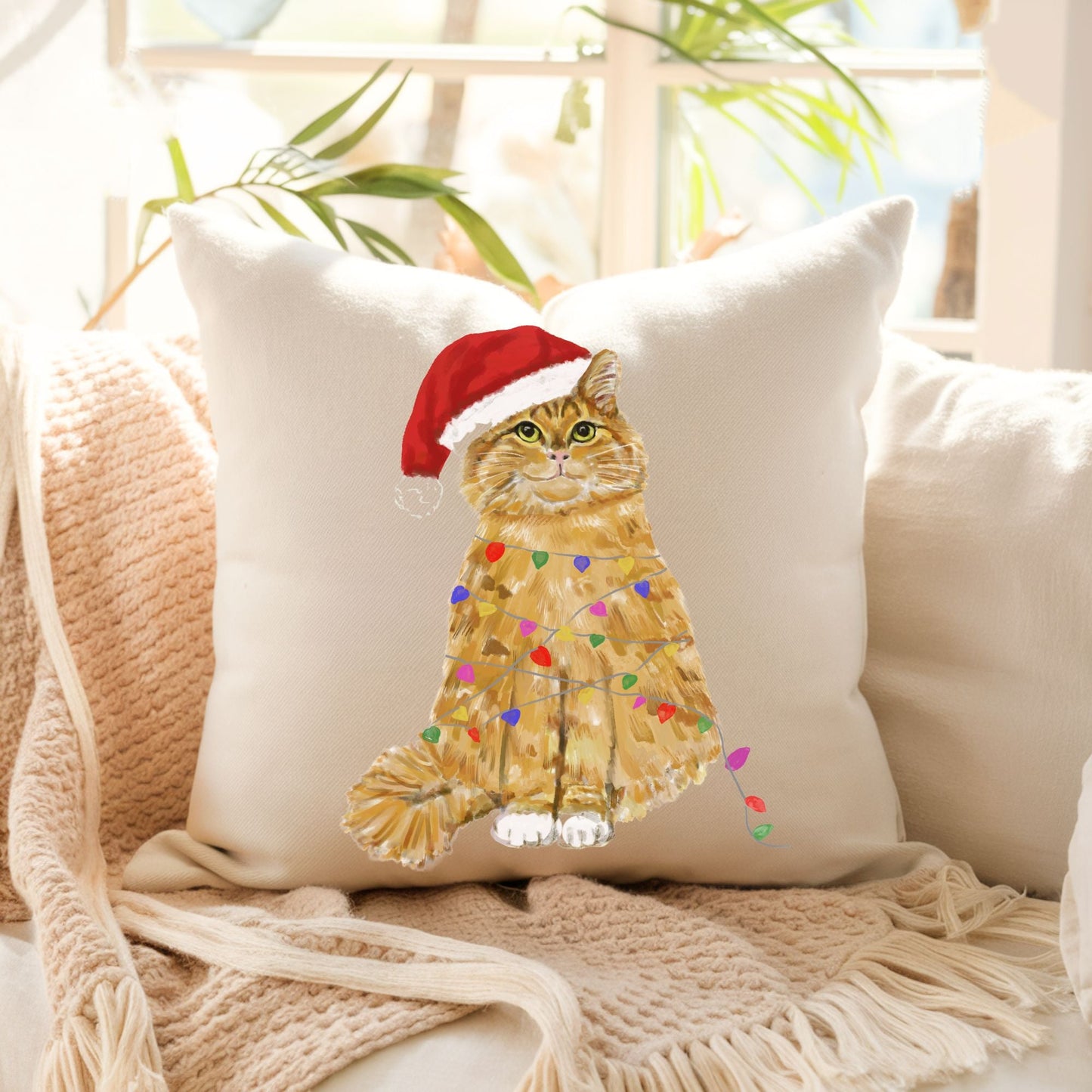 Orange Christmas Cat Pillow - MerikaArt