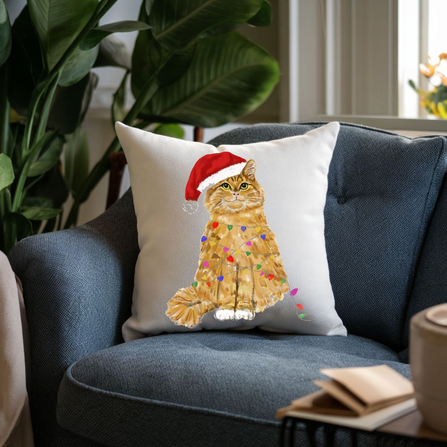 Orange Christmas Cat Pillow - MerikaArt