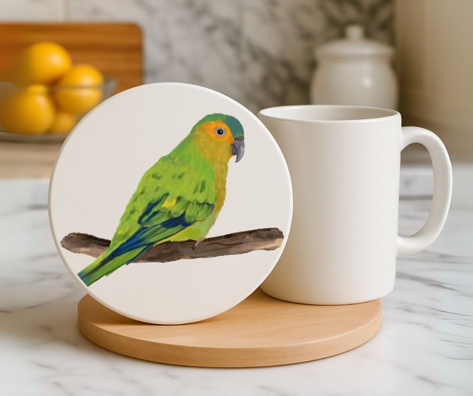 Orange - fronted Parakeet Ceramic Coaster - MerikaArt