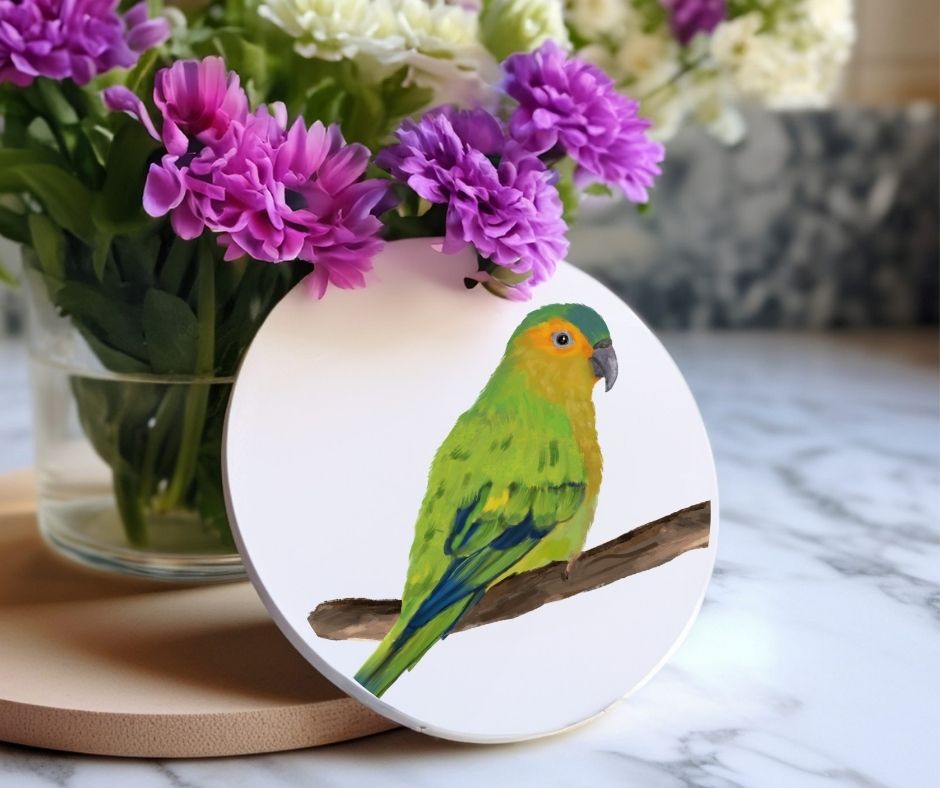 Orange - fronted Parakeet Ceramic Coaster - MerikaArt