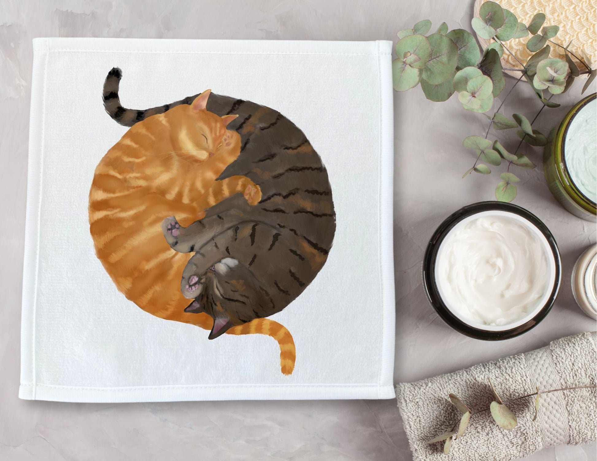 Orange Tabby and Gray Tabby Cats Sleeping Washcloth - MerikaArt