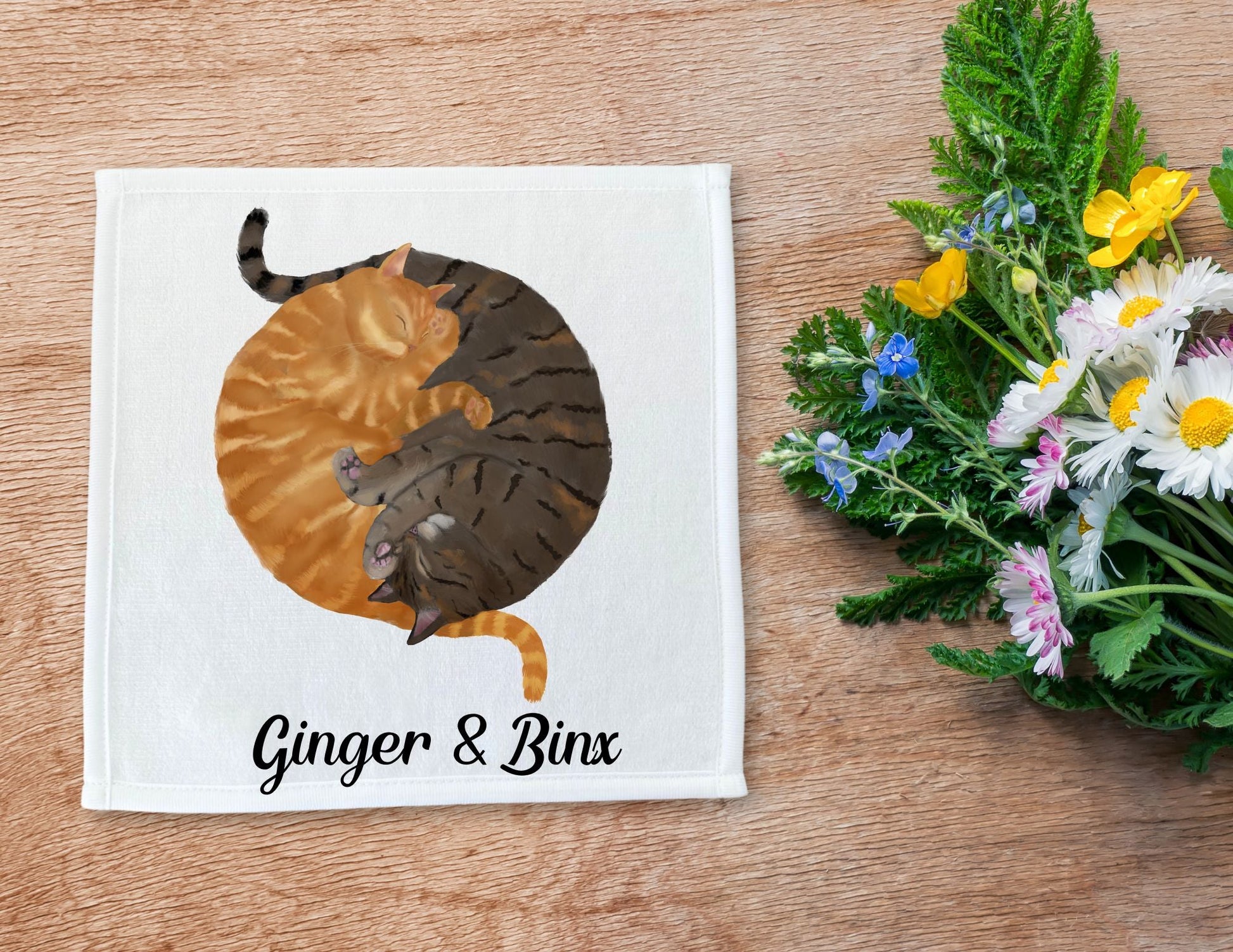 Orange Tabby and Gray Tabby Cats Sleeping Washcloth - MerikaArt