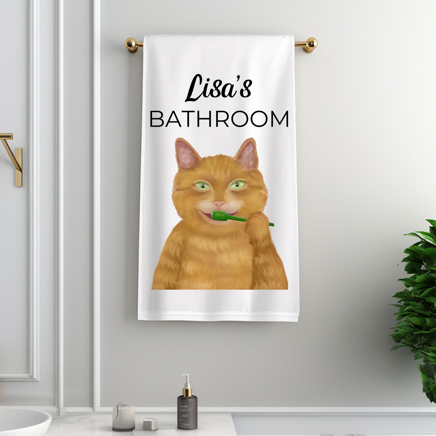 Orange Tabby Brushing Teeth Bathroom Towel - MerikaArt