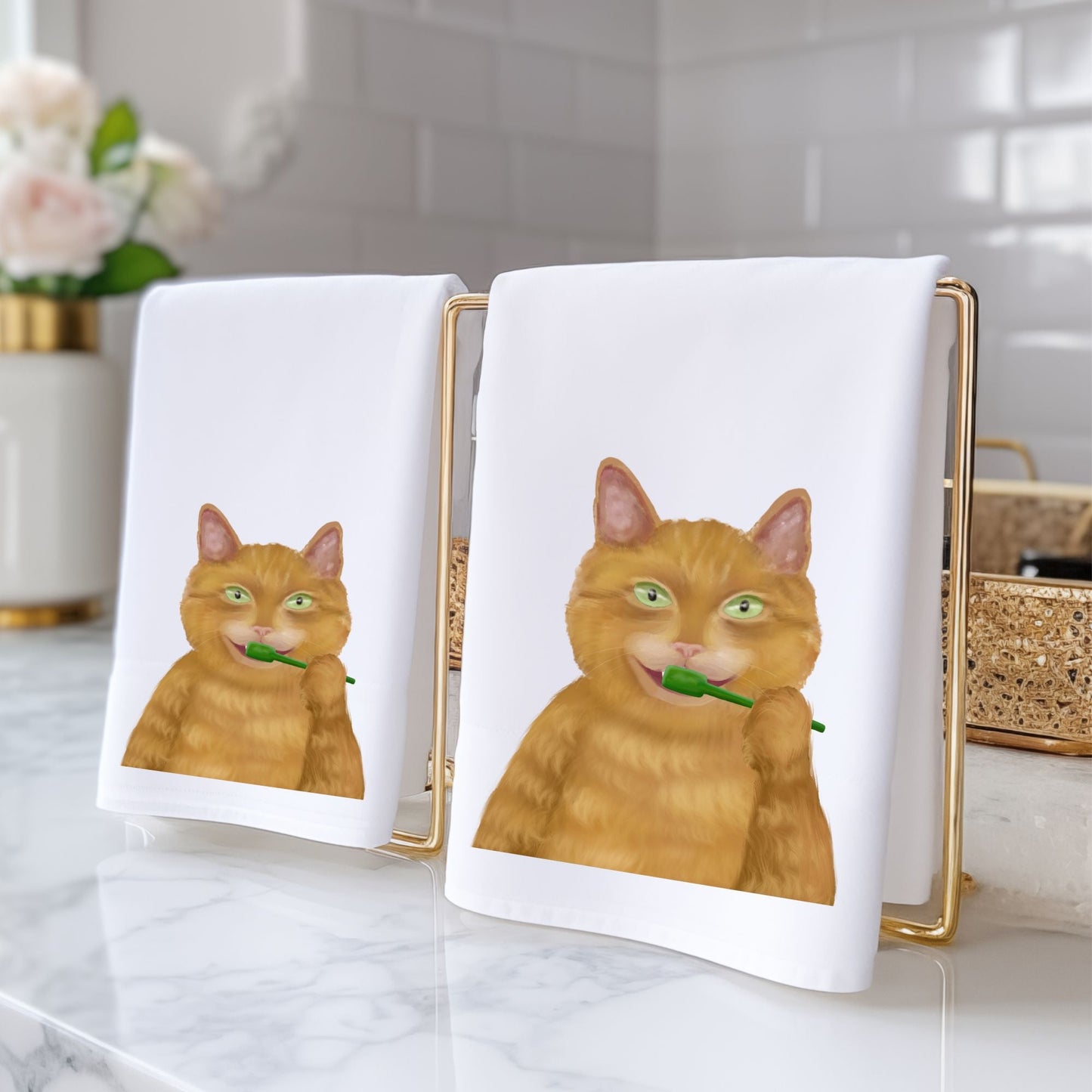 Orange Tabby Brushing Teeth Bathroom Towel - MerikaArt