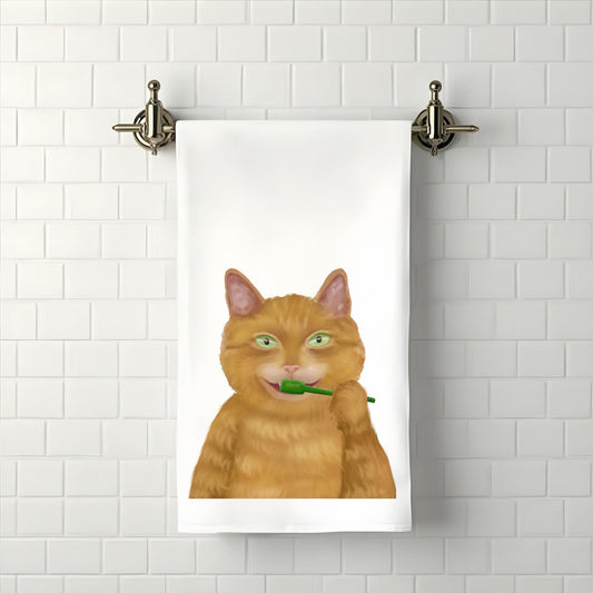 Orange Tabby Brushing Teeth Bathroom Towel - MerikaArt