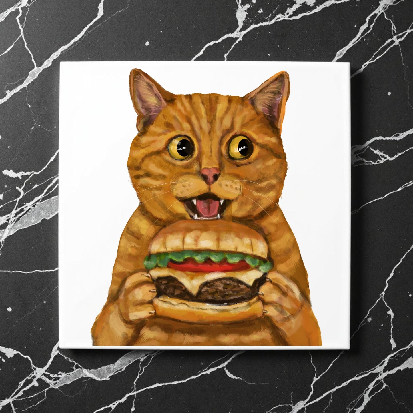 Orange Tabby Burger Cat Ceramic Tile - MerikaArt