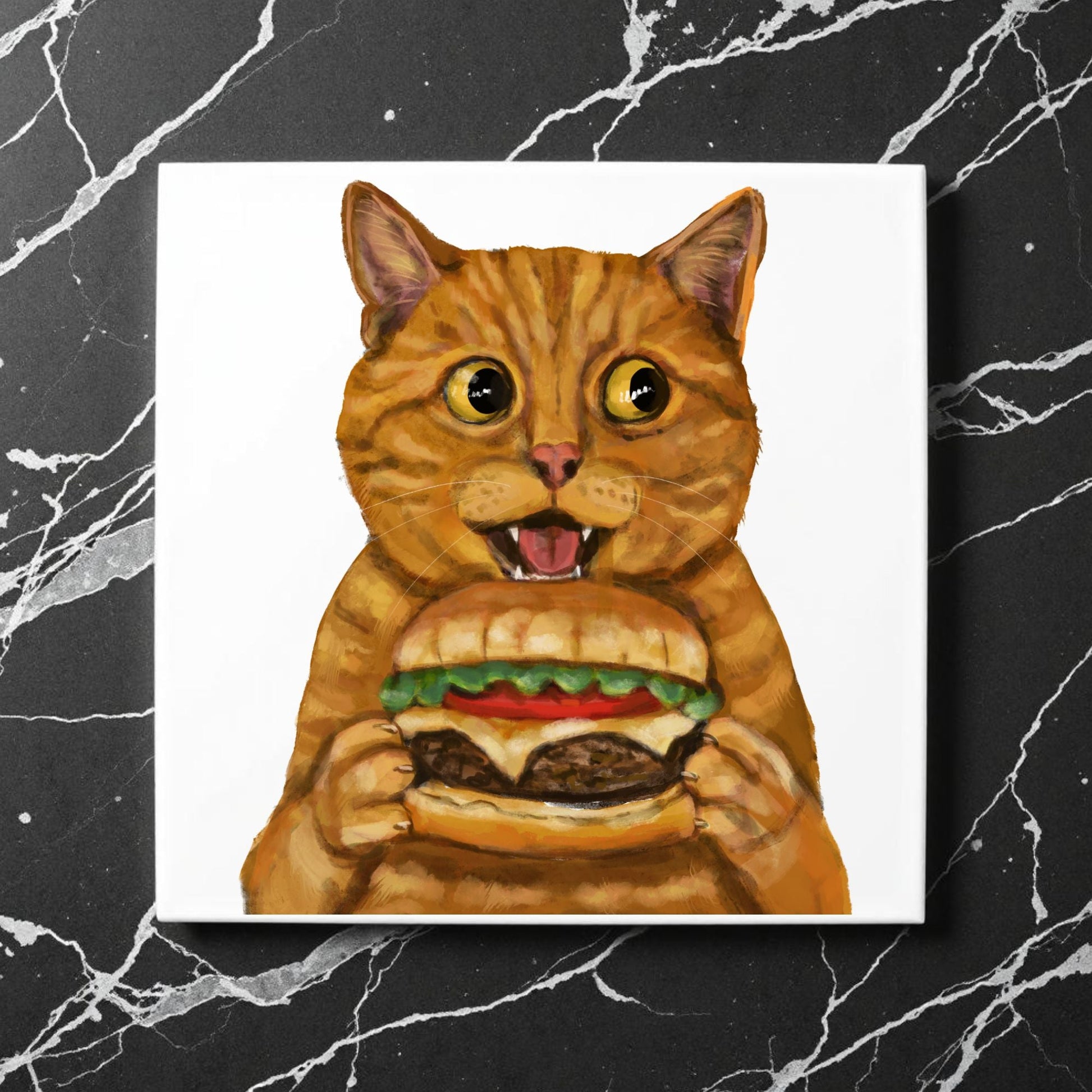 Orange Tabby Burger Cat Ceramic Tile - MerikaArt
