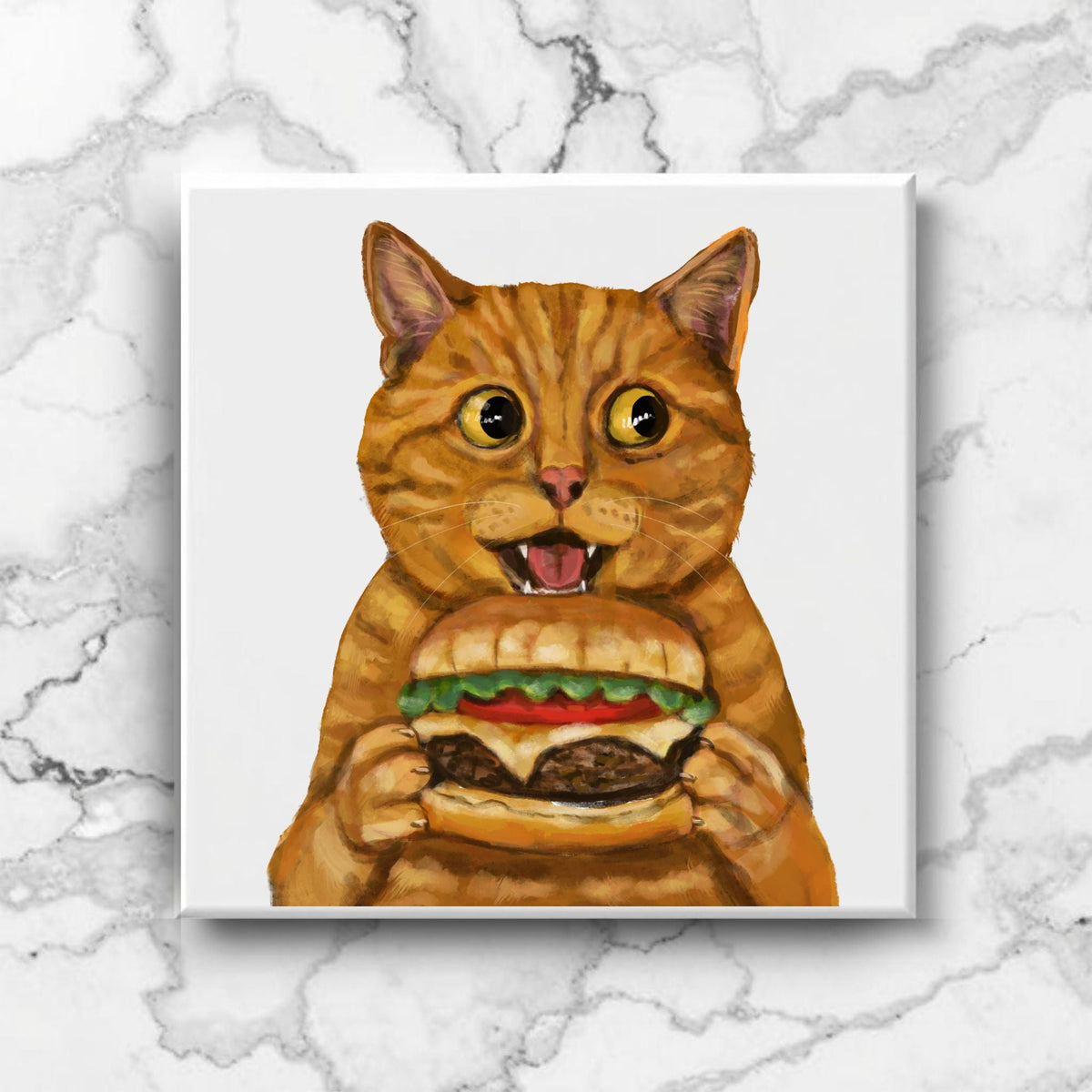 Orange Tabby Burger Cat Ceramic Tile - MerikaArt