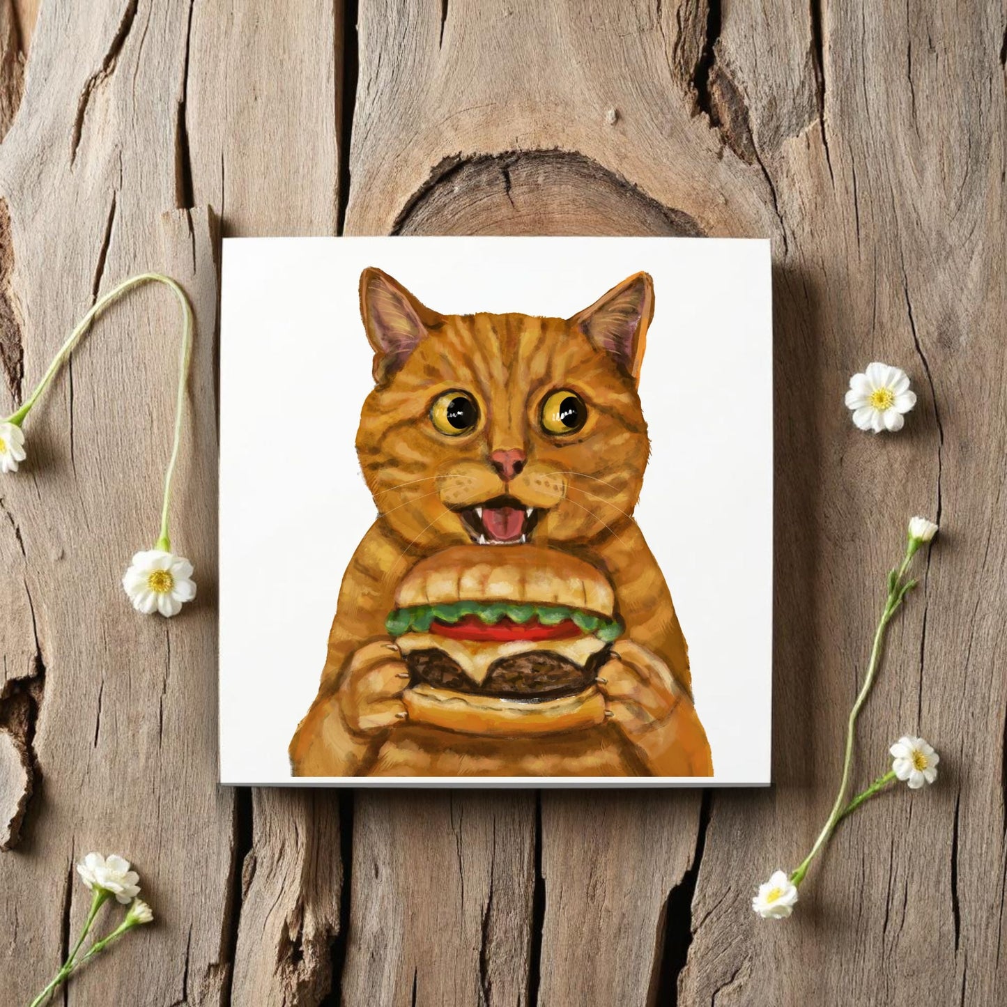 Orange Tabby Burger Cat Ceramic Tile - MerikaArt