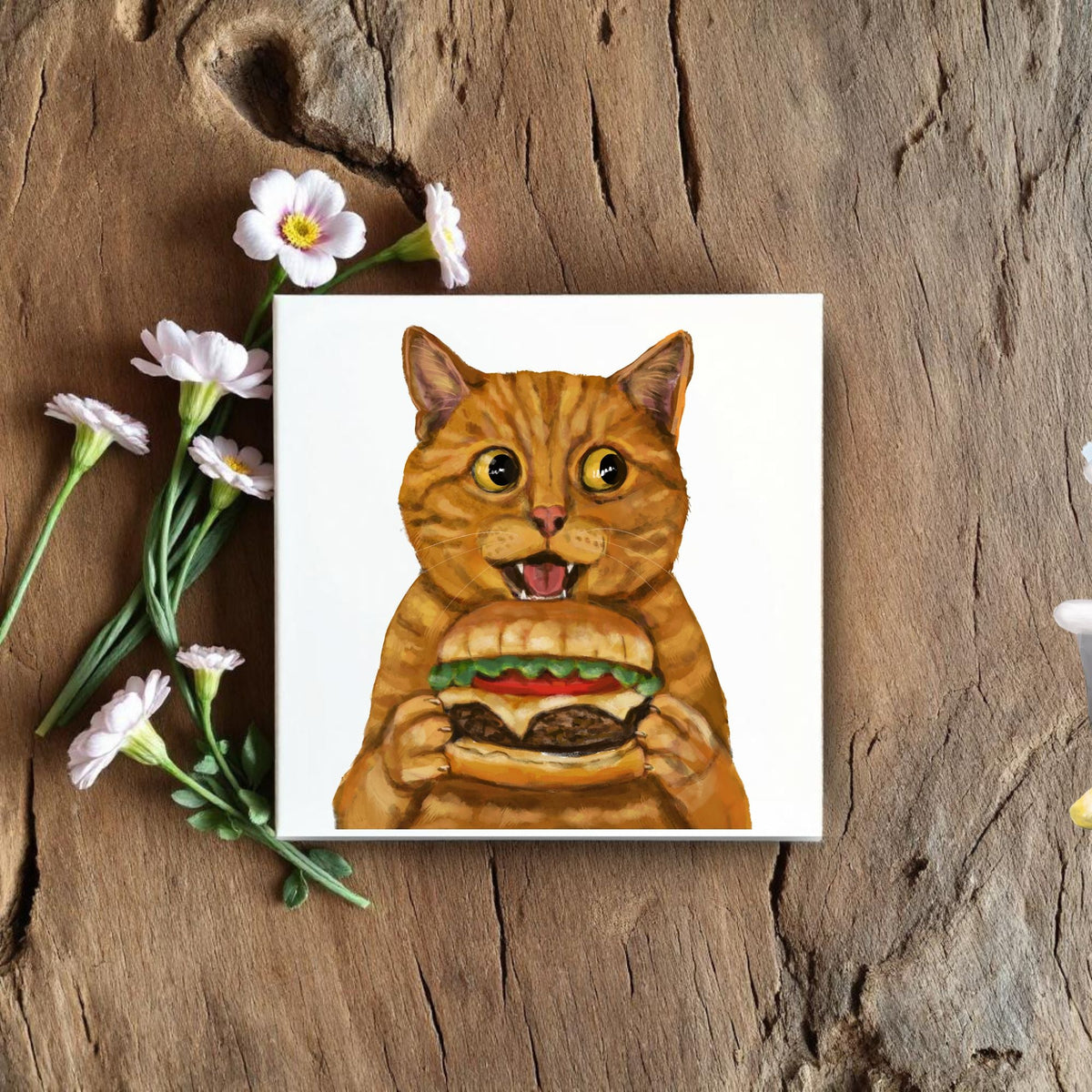 Orange Tabby Burger Cat Ceramic Tile - MerikaArt