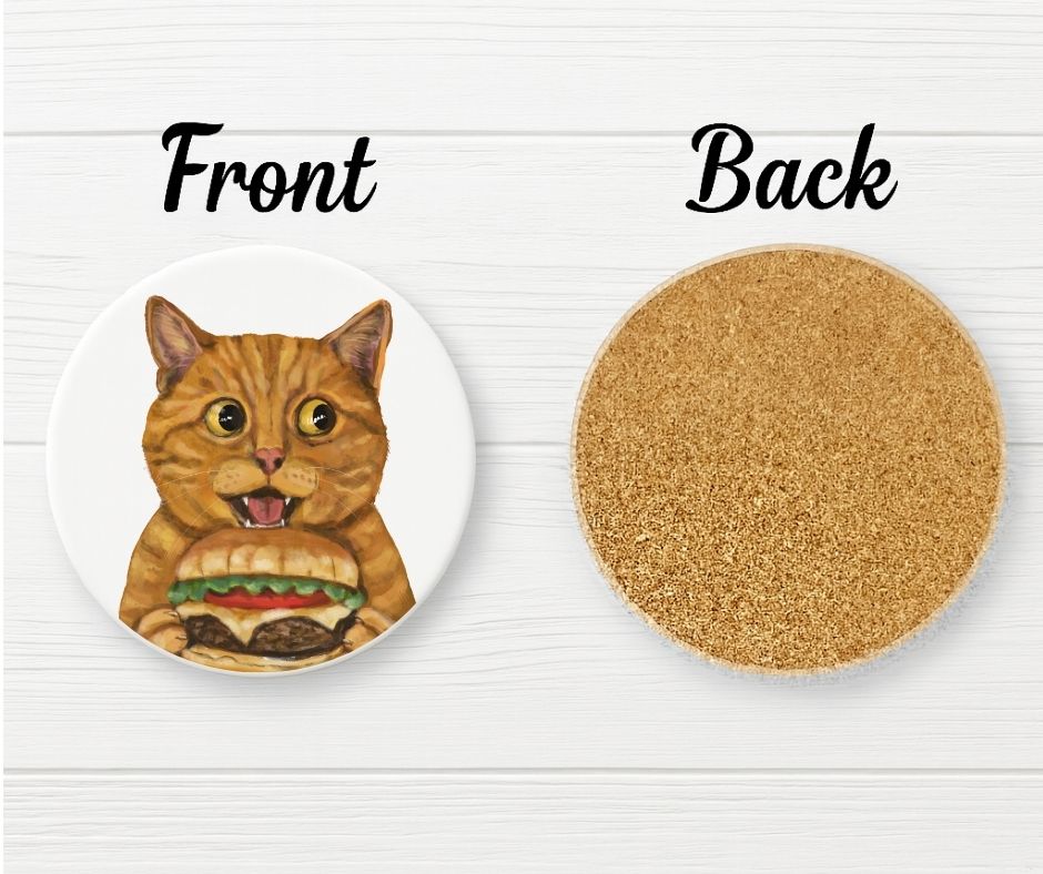 Orange Tabby Cat Burger Ceramic Coaster - MerikaArt