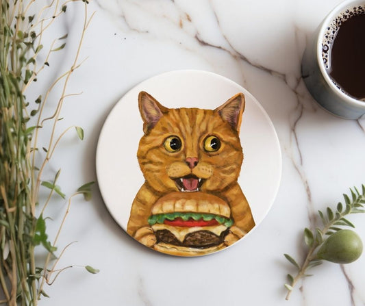 Orange Tabby Cat Burger Ceramic Coaster - MerikaArt