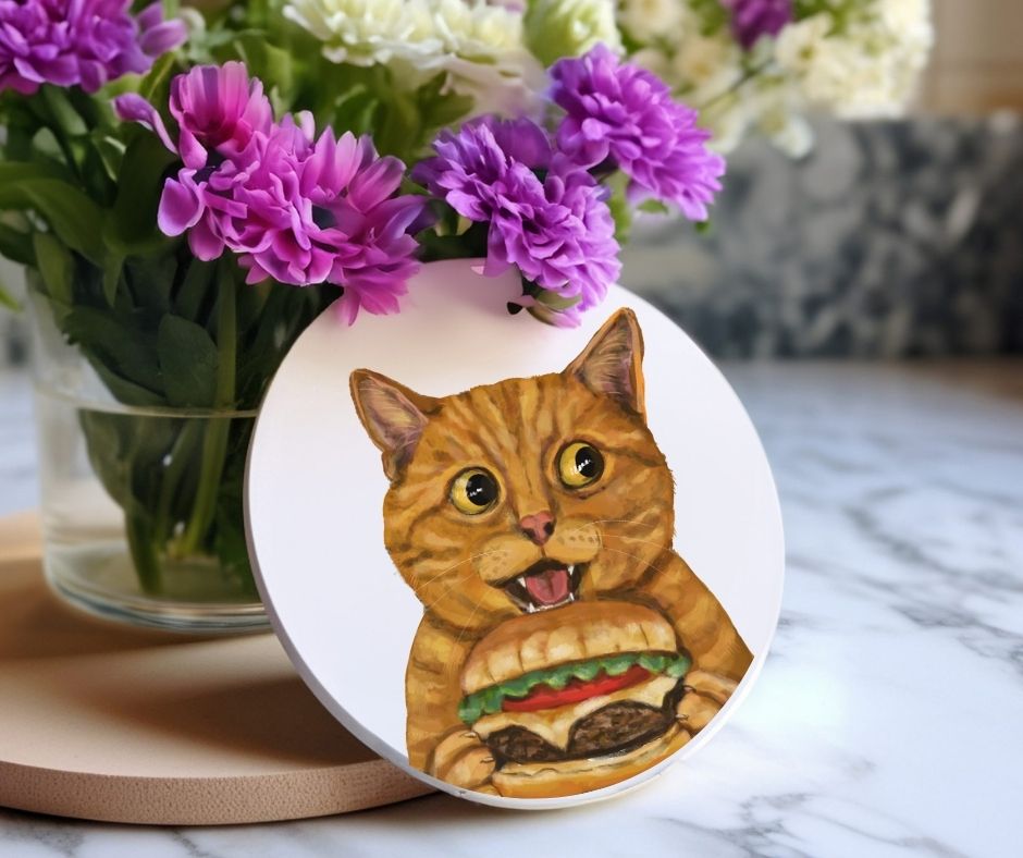 Orange Tabby Cat Burger Ceramic Coaster - MerikaArt