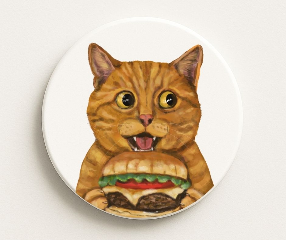 Orange Tabby Cat Burger Ceramic Coaster - MerikaArt