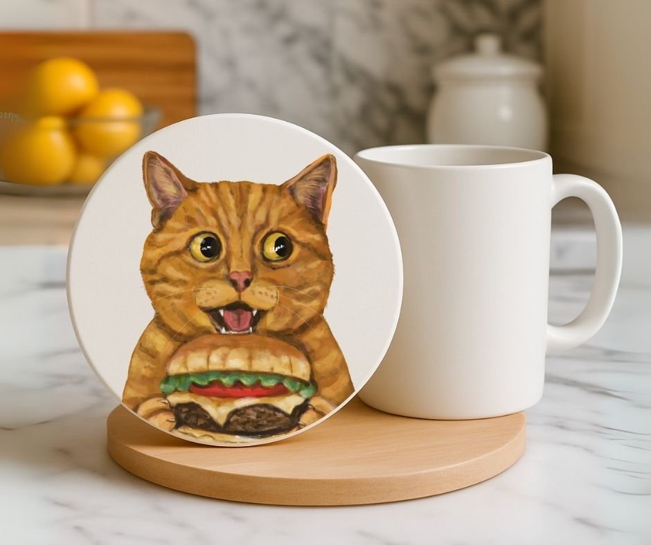Orange Tabby Cat Burger Ceramic Coaster - MerikaArt