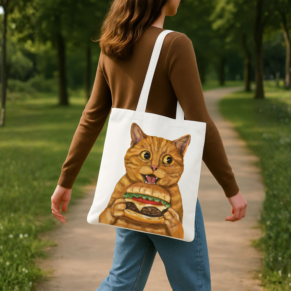 Orange Tabby Cat Burger Tote Bag - MerikaArt