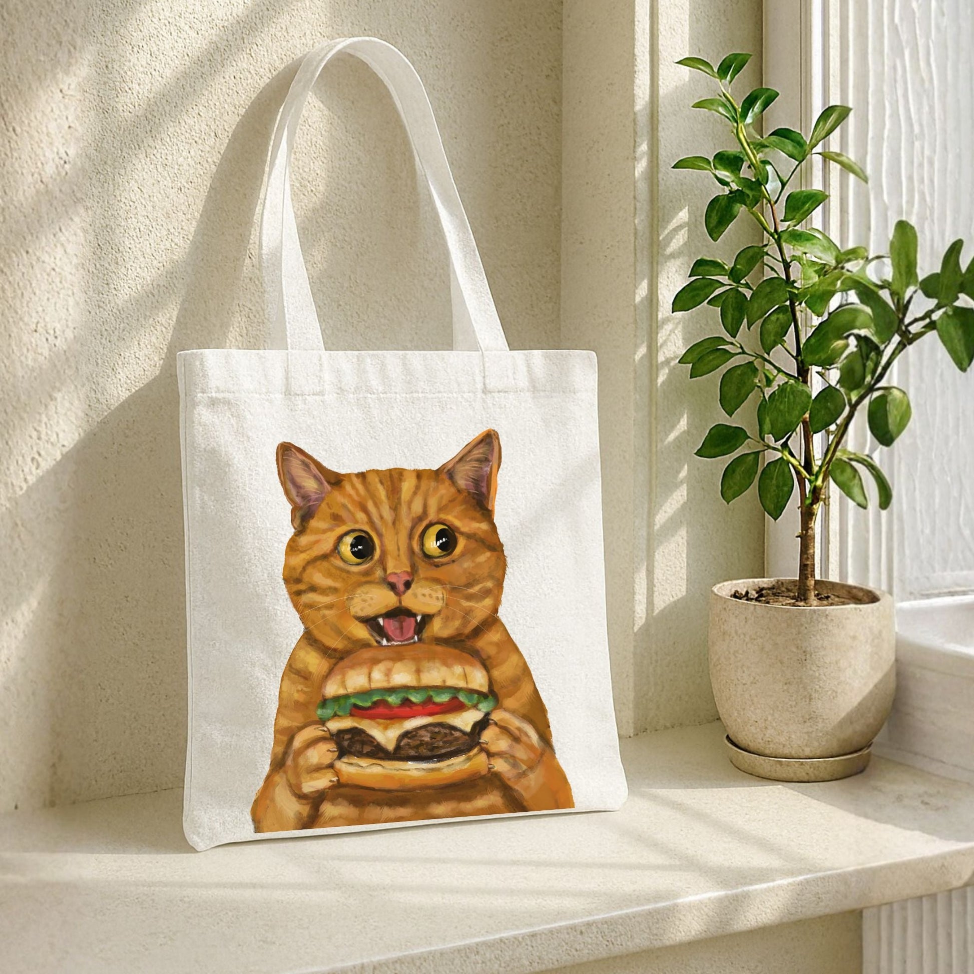 Orange Tabby Cat Burger Tote Bag - MerikaArt