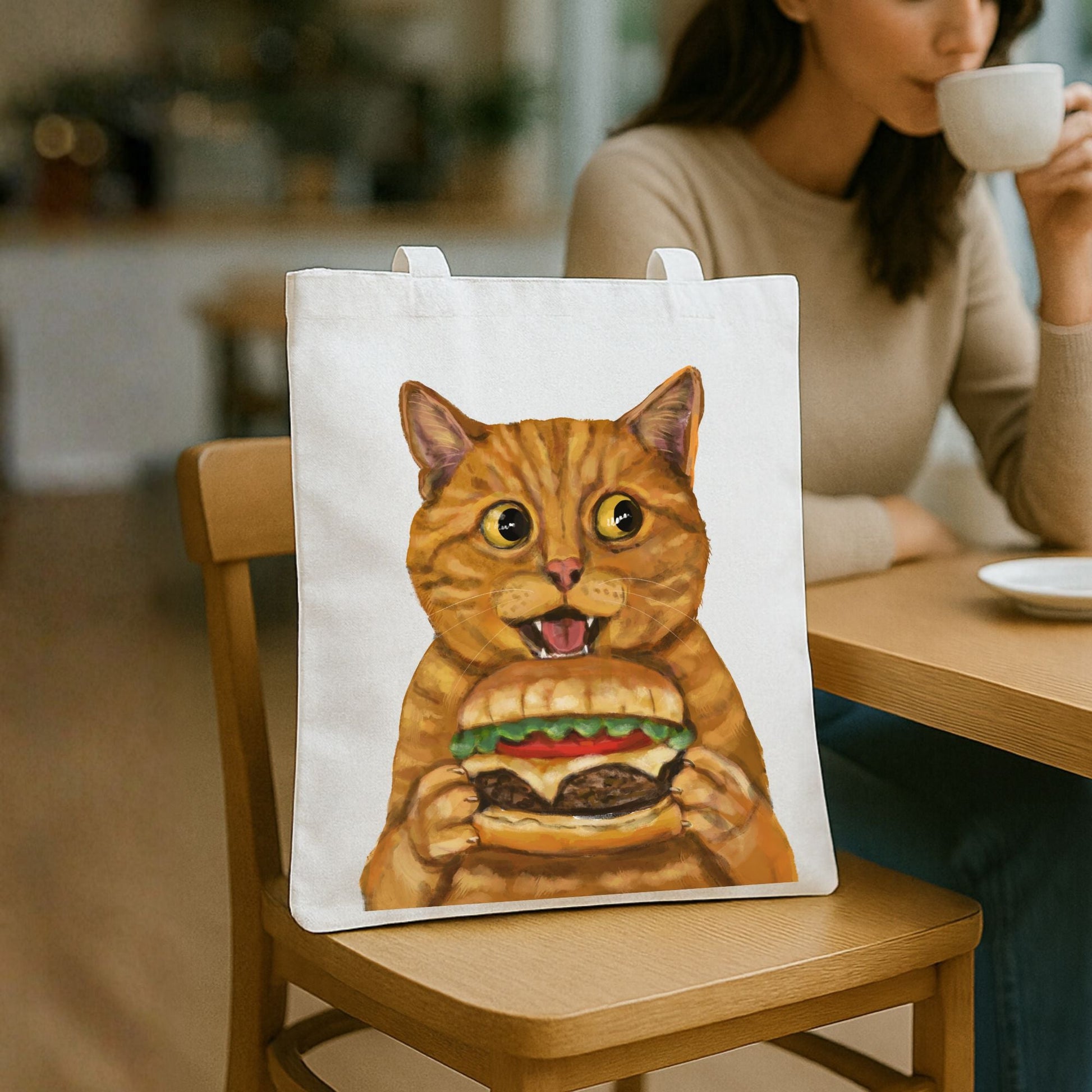 Orange Tabby Cat Burger Tote Bag - MerikaArt