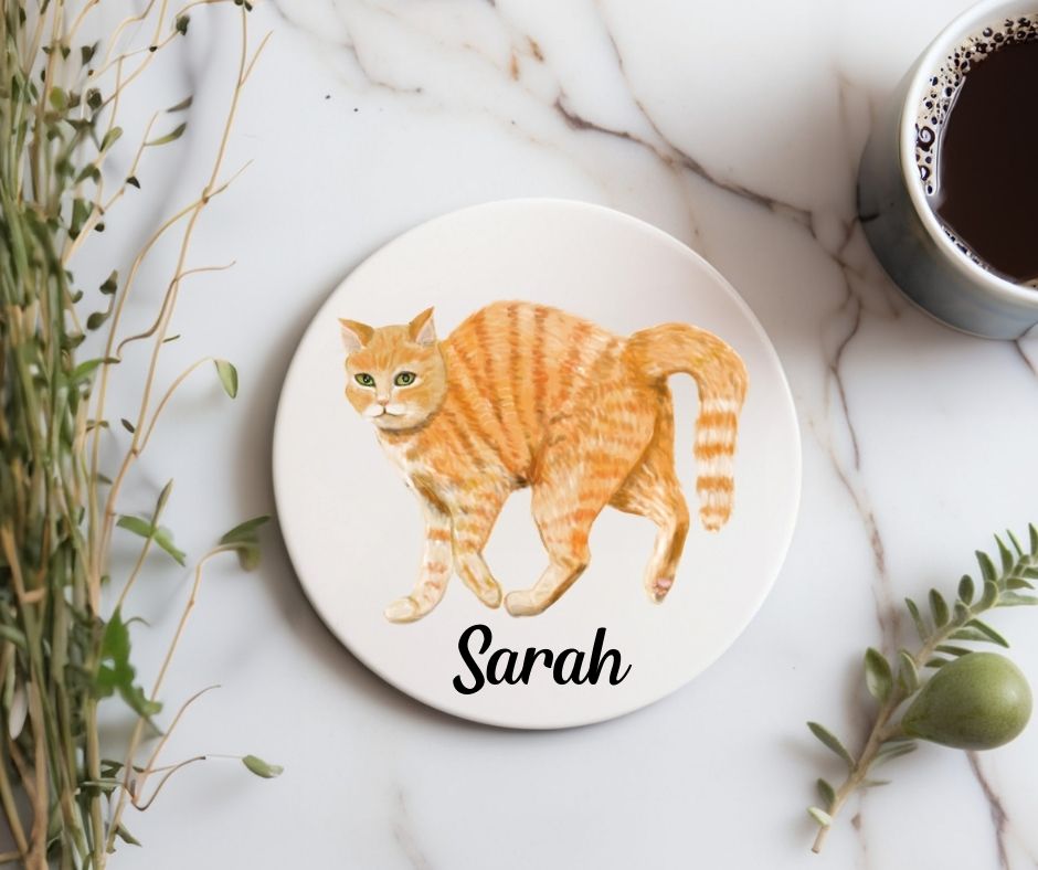 Orange Tabby Cat Ceramic Coaster - MerikaArt
