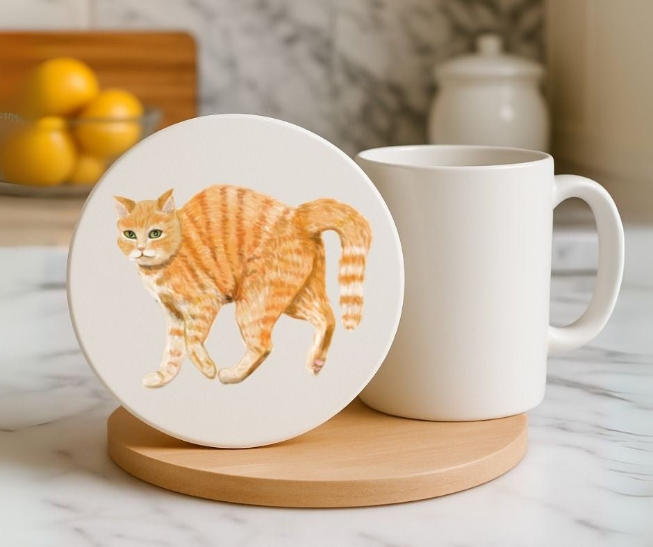Orange Tabby Cat Ceramic Coaster - MerikaArt