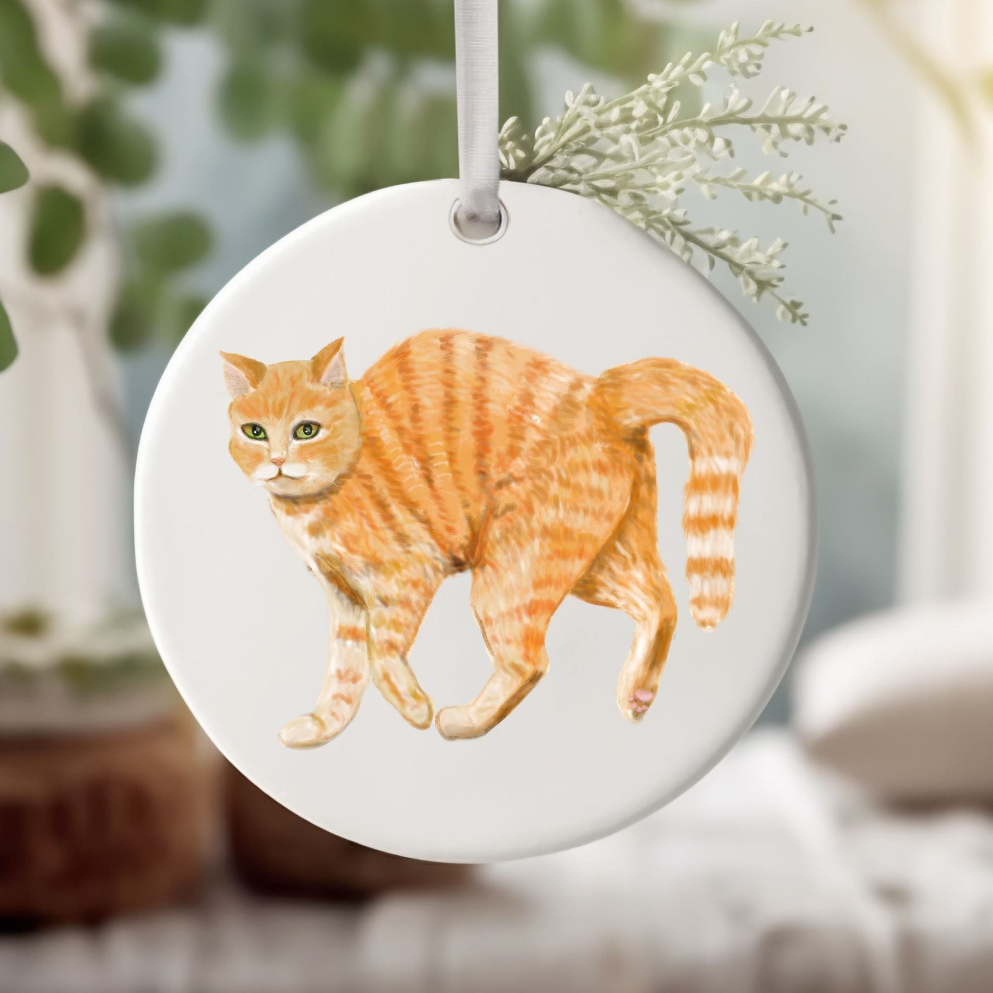 Orange Tabby Cat Ceramic Ornament - MerikaArt