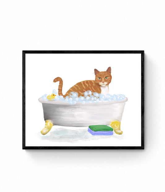 Orange Tabby Cat In Bathroom Art, Ginger Cat Bathroom Wall Decor Set, Bath Cat Painting, Cat In Tub Print, Cat Lover Gift, Cat Spa Day - MerikaArt