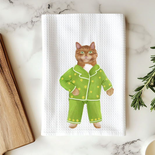 Orange Tabby Cat in Pajamas Kitchen Towel - MerikaArt