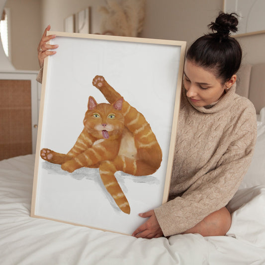 Orange Tabby Cat Licking Himself Print - MerikaArt