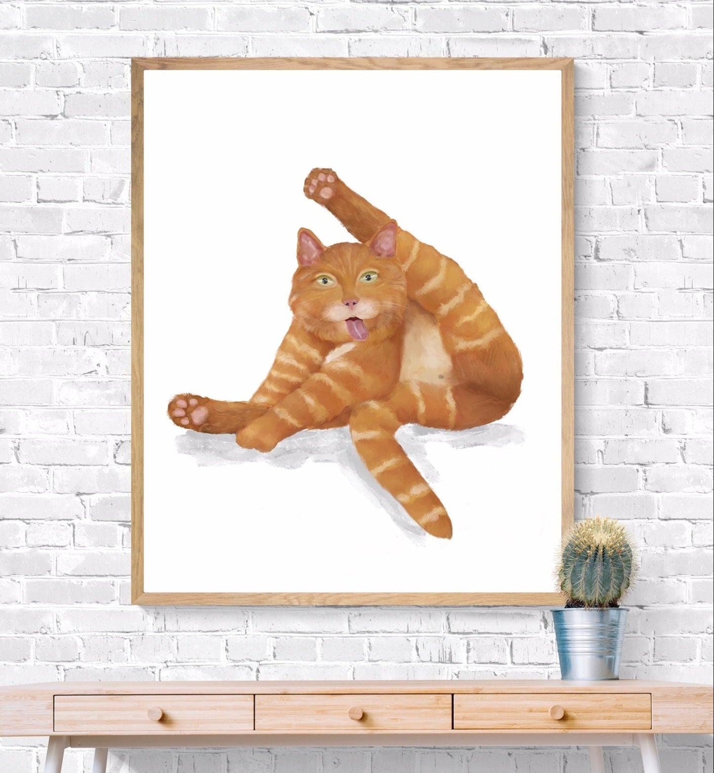 Orange Tabby Cat Licking Himself Print, Ginger Cat Painting, Cat Lover Art, Cat Lady Gift, Living Room Wall Decor - MerikaArt