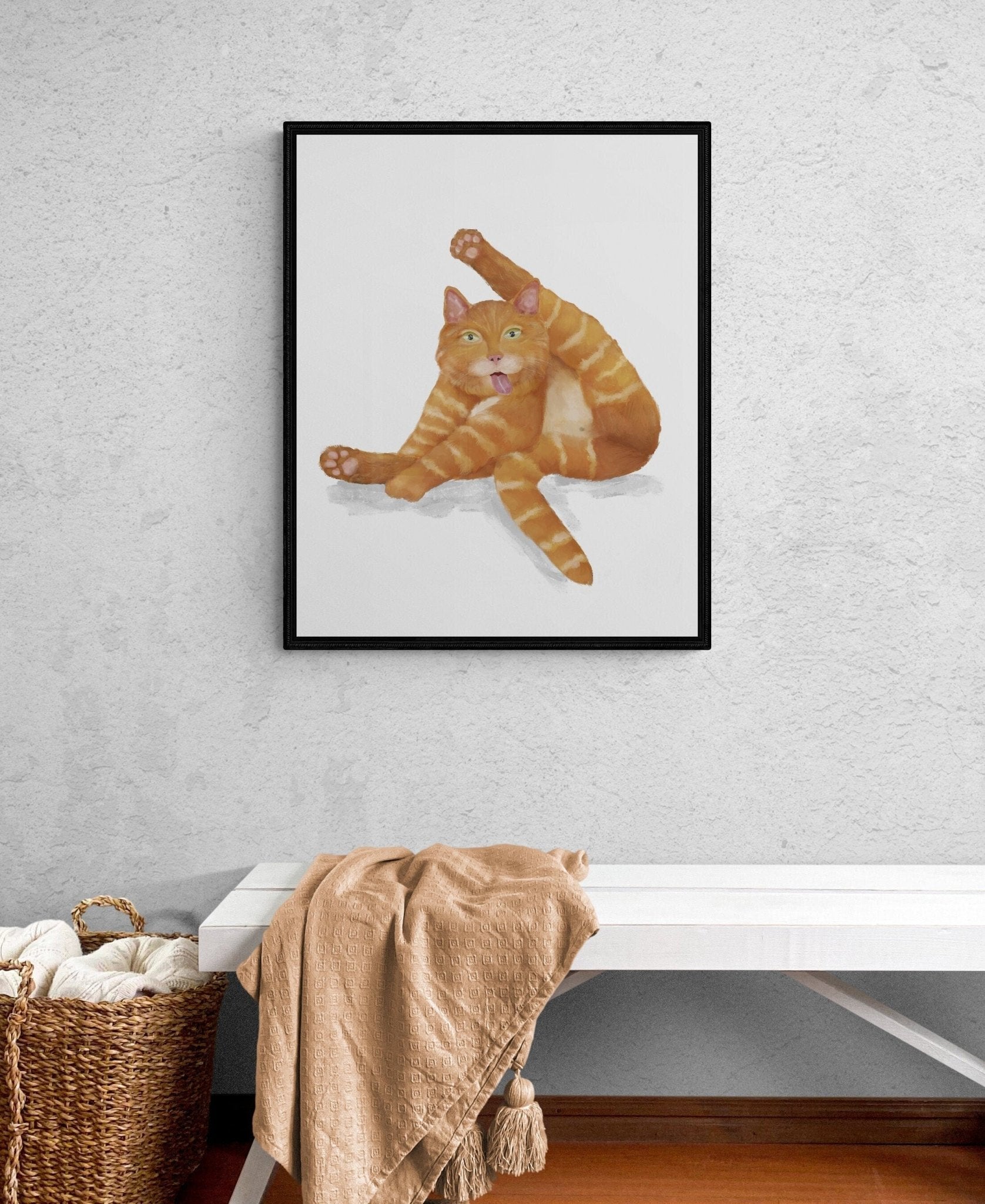 Orange Tabby Cat Licking Himself Print, Ginger Cat Painting, Cat Lover Art, Cat Lady Gift, Living Room Wall Decor - MerikaArt