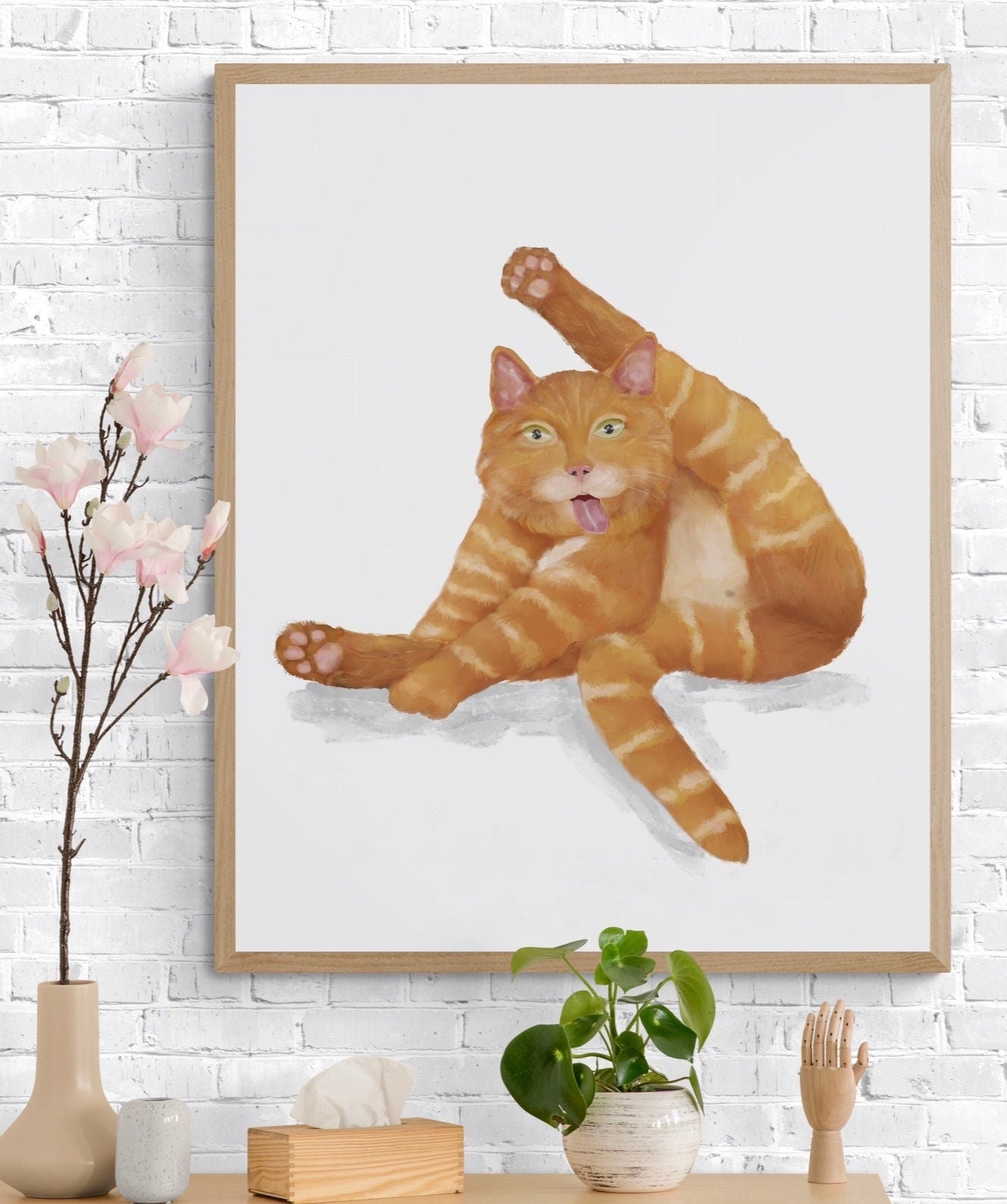 Orange Tabby Cat Licking Himself Print, Ginger Cat Painting, Cat Lover Art, Cat Lady Gift, Living Room Wall Decor - MerikaArt