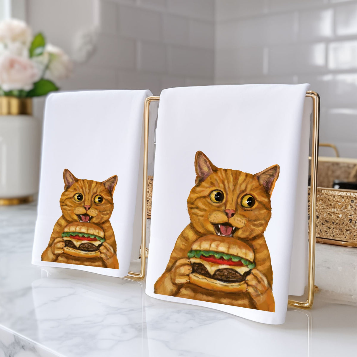 Orange Tabby Cat with Cheeseburger Bathroom Towel - MerikaArt