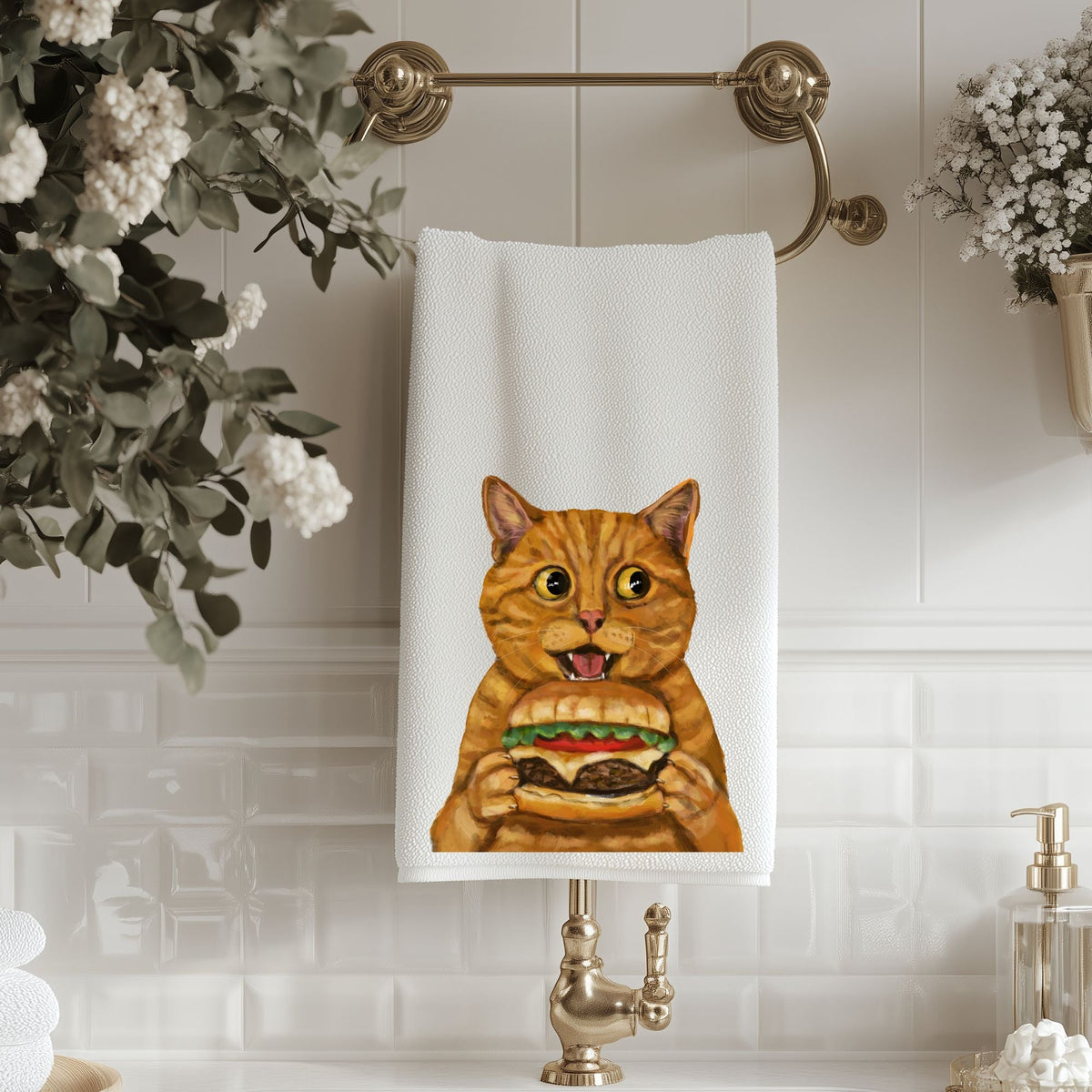 Orange Tabby Cat with Cheeseburger Bathroom Towel - MerikaArt