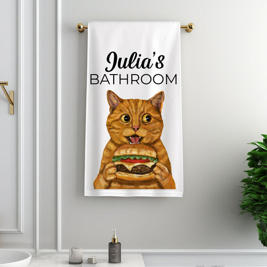 Orange Tabby Cat with Cheeseburger Bathroom Towel - MerikaArt