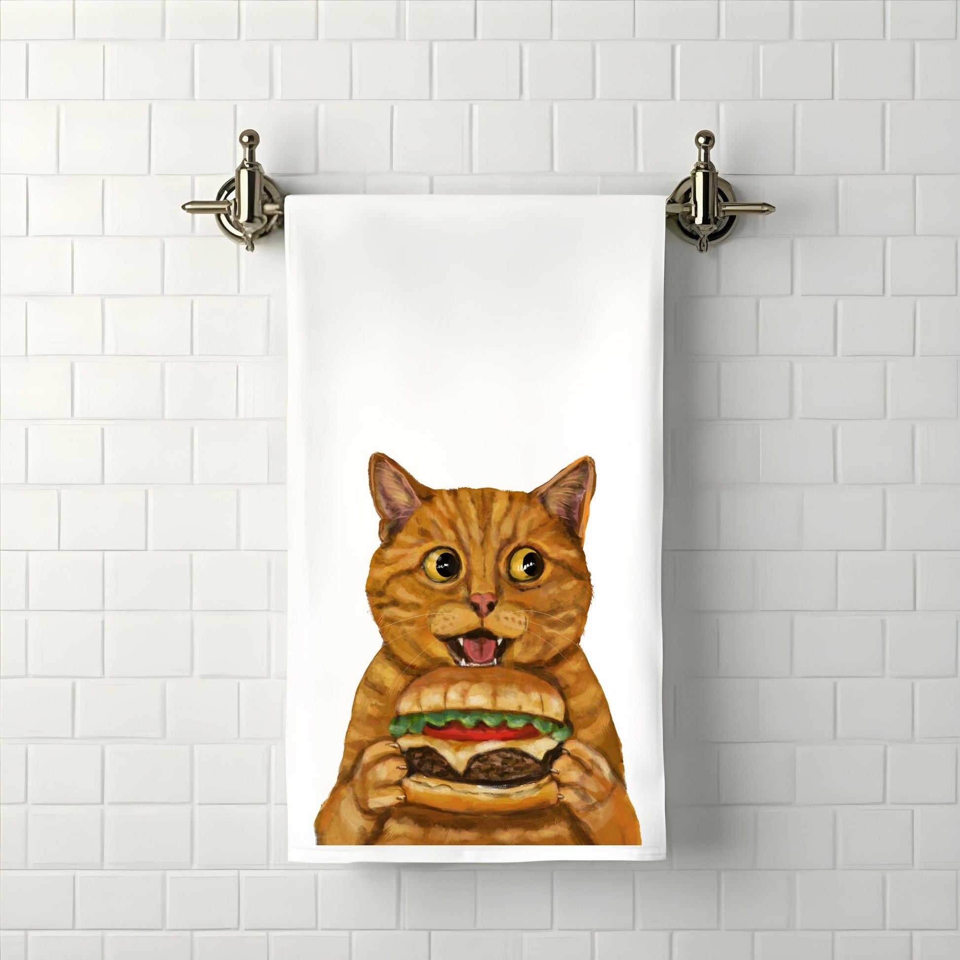 Orange Tabby Cat with Cheeseburger Bathroom Towel - MerikaArt