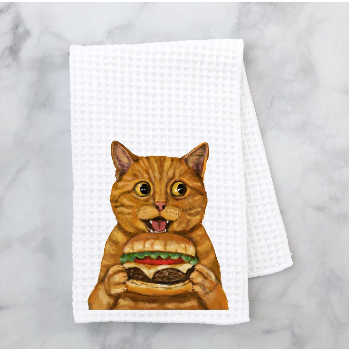 Orange Tabby Cat with Cheeseburger Kitchen Towel - MerikaArt