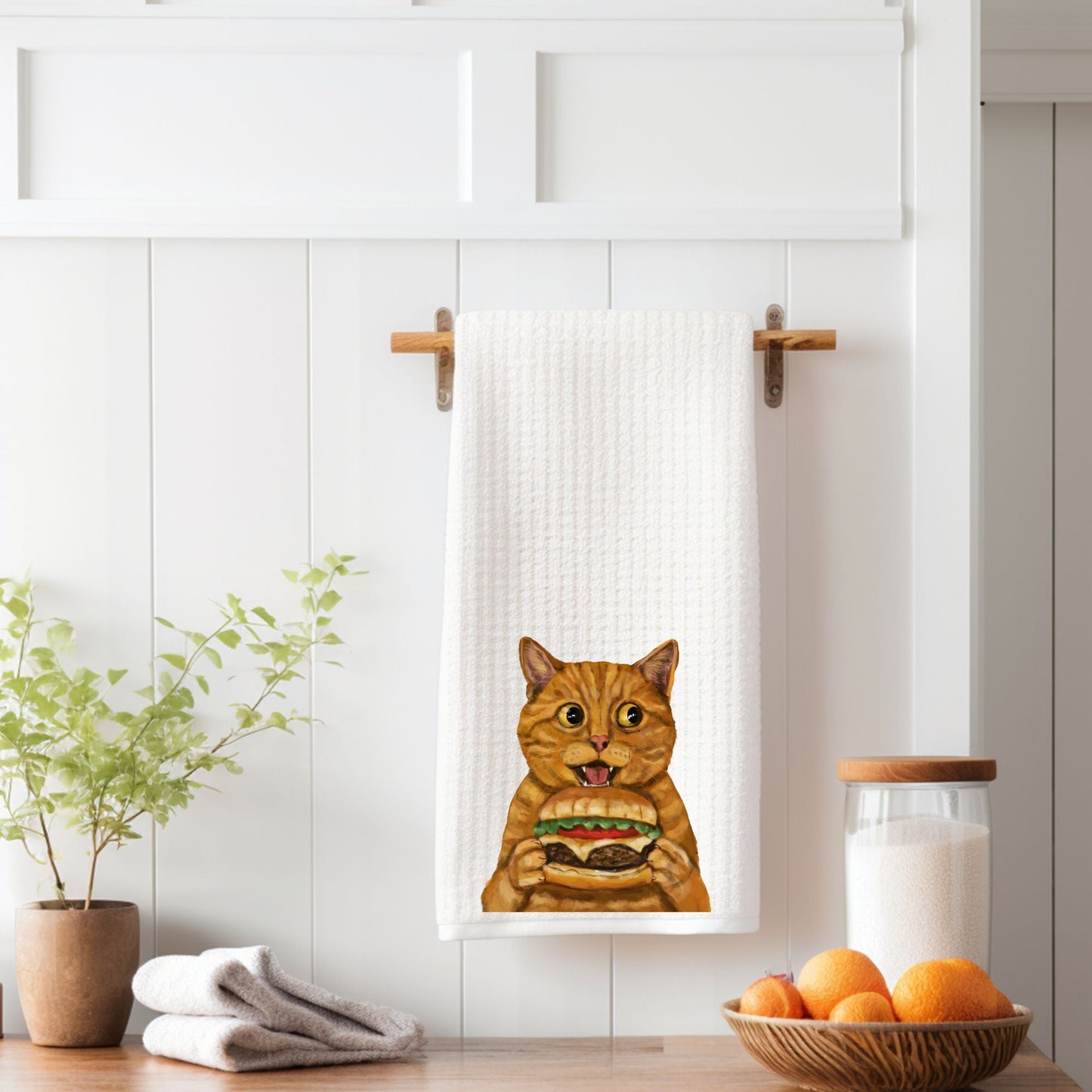 Orange Tabby Cat with Cheeseburger Kitchen Towel - MerikaArt