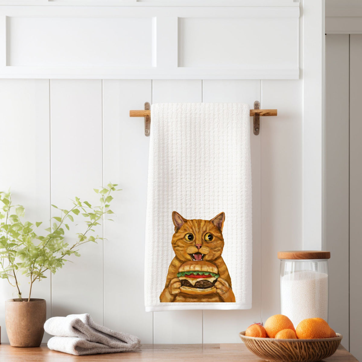 Orange Tabby Cat with Cheeseburger Kitchen Towel - MerikaArt